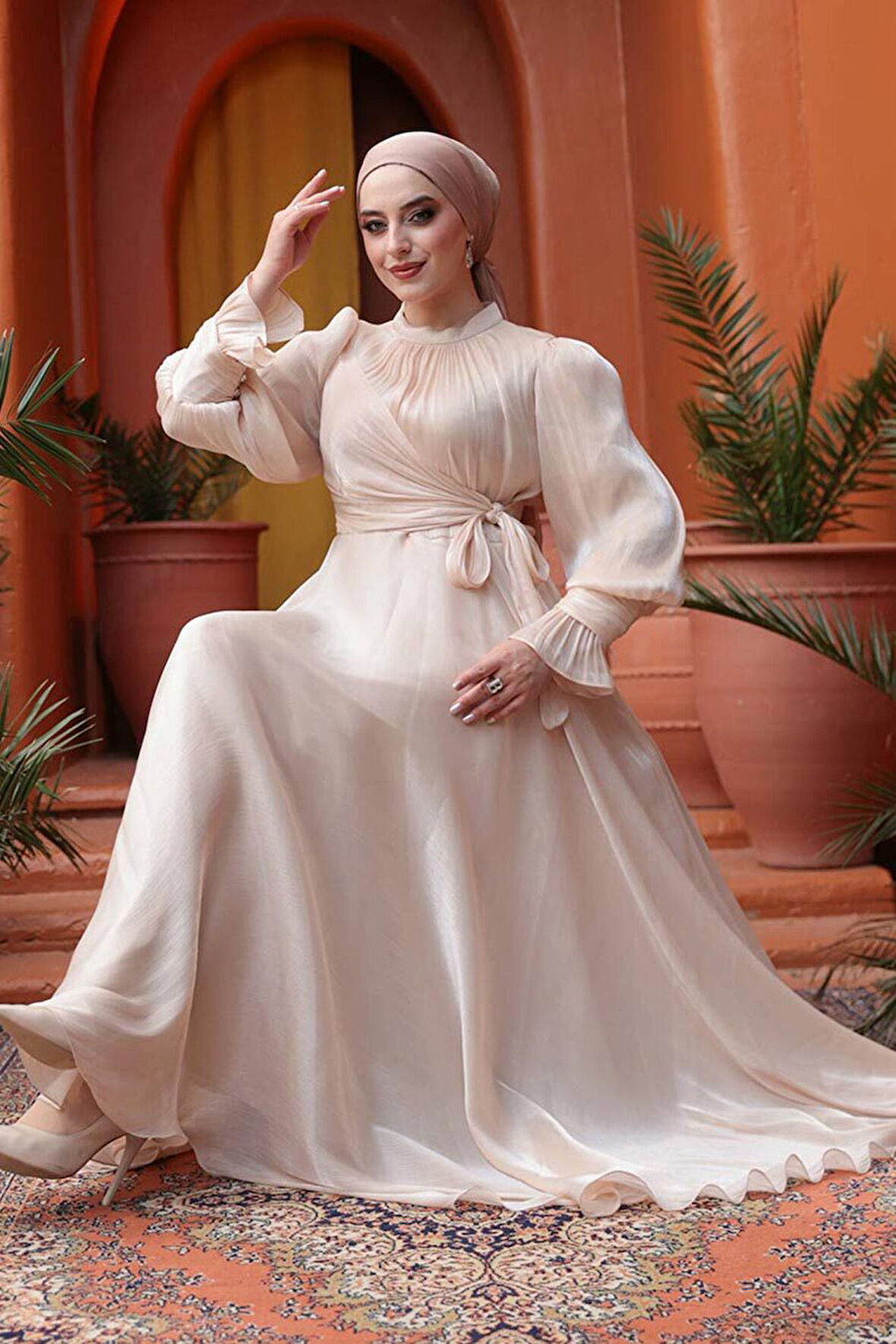 Bağlama Detaylı Ten Tesettür Abiye Elbise 48051TEN