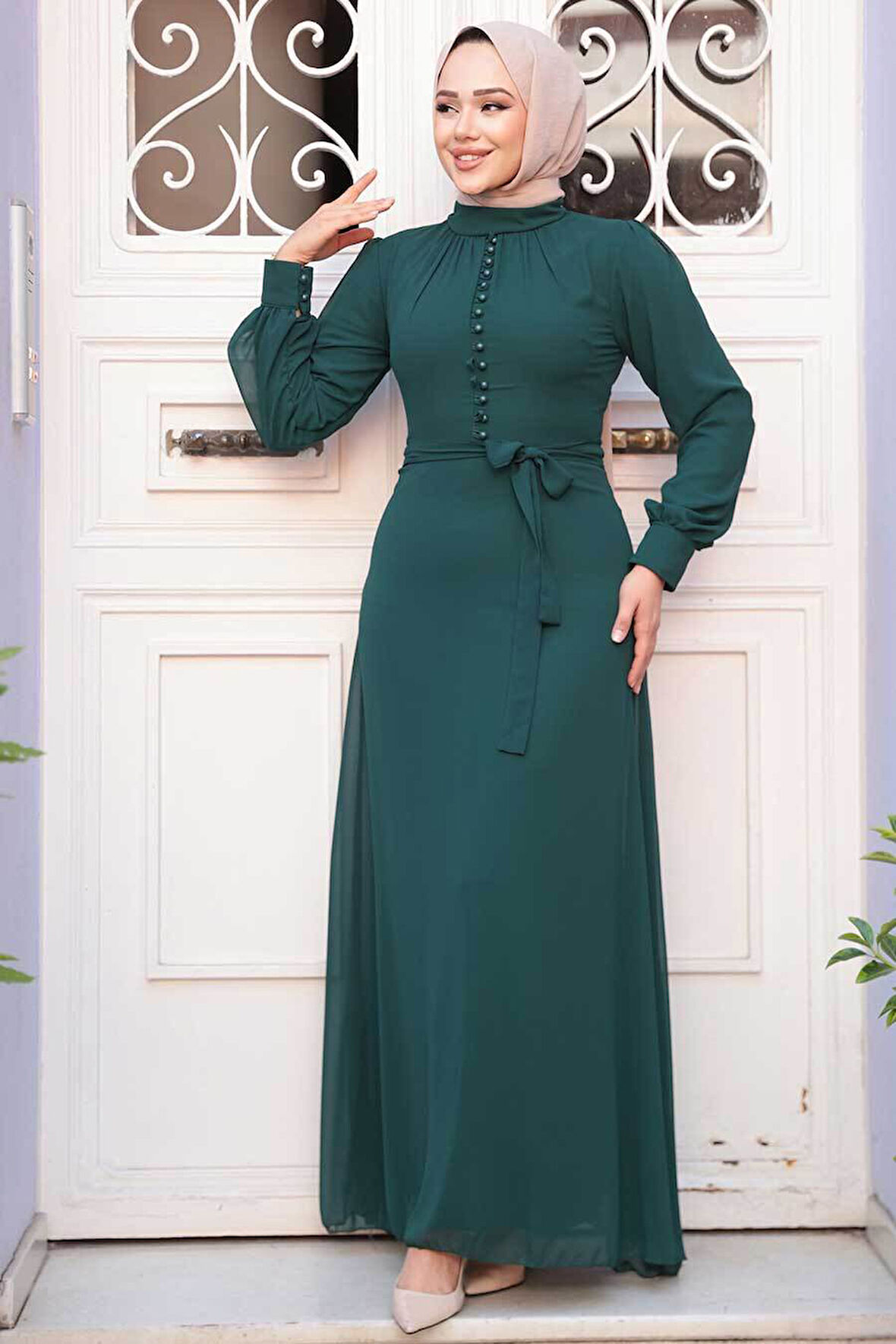 Düğme Detaylı Koyu Yeşil Tesettür Elbise 2703KY