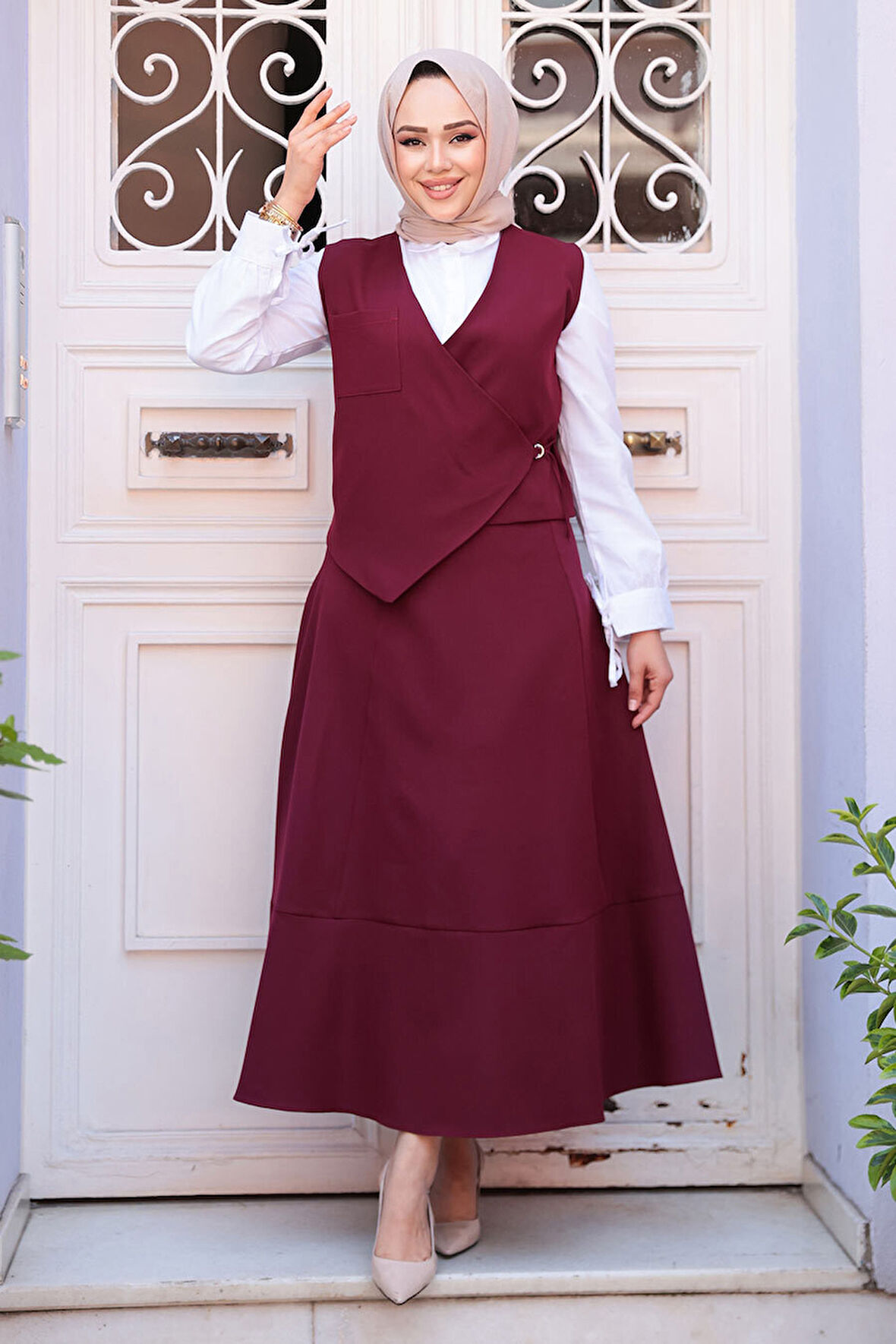 Bordo Tesettür Etekli İkili Takım 75471BR