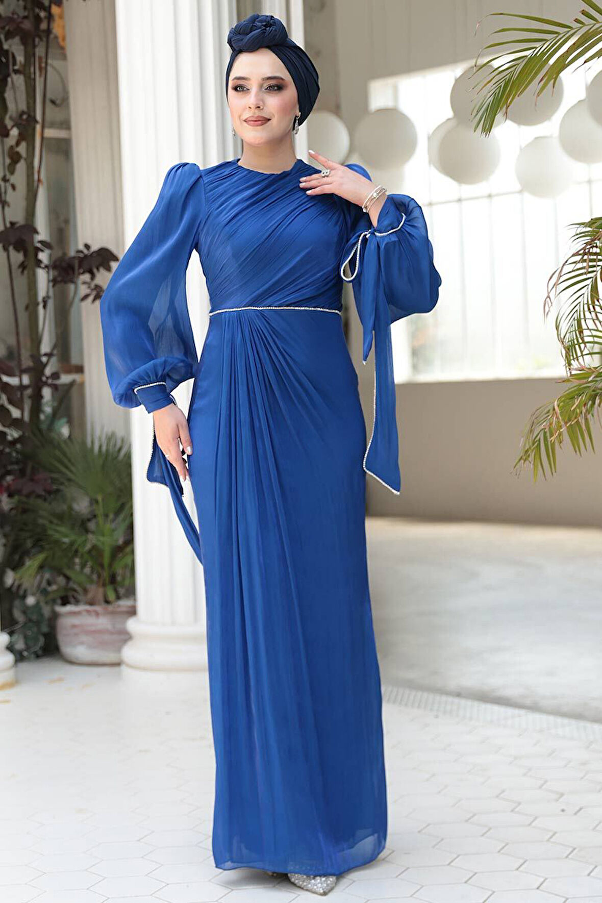 Drape Detaylı Sax Mavisi Tesettür Abiye Elbise 50193SX