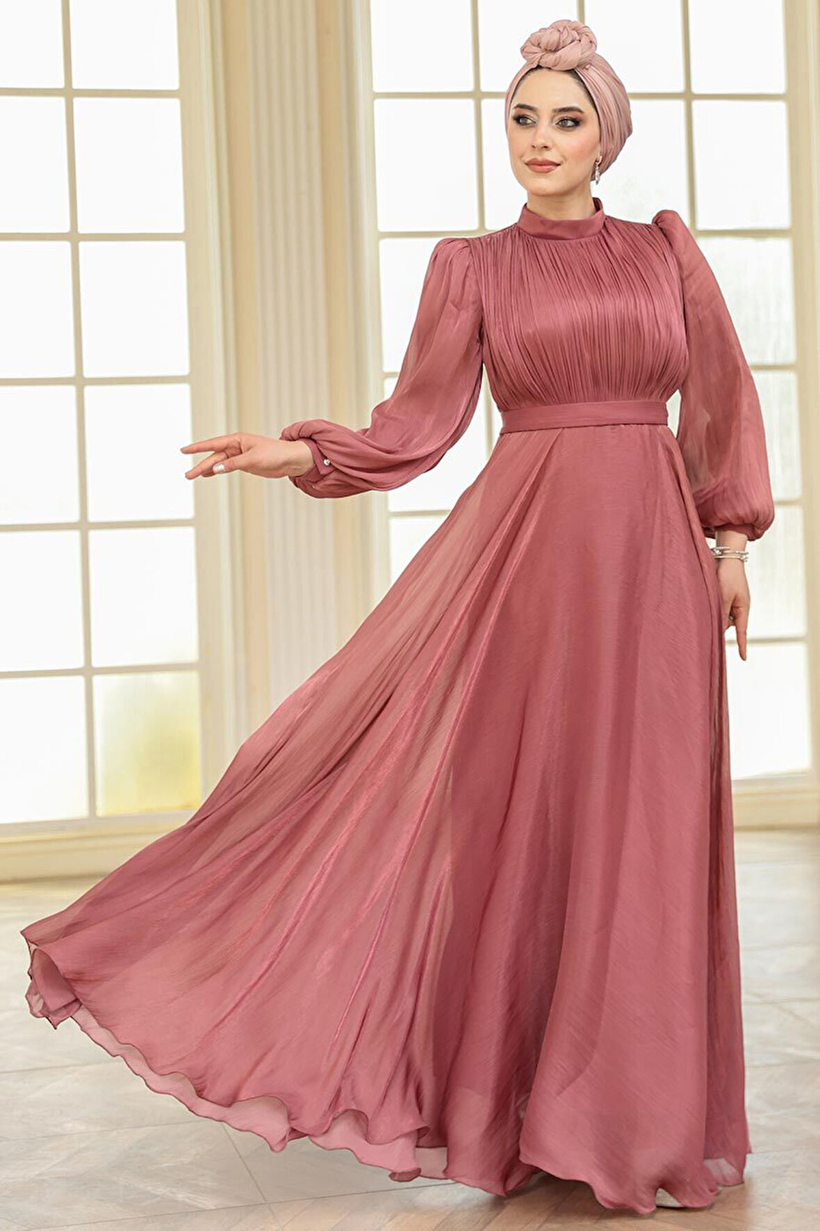 Drape Detaylı Gül Kurusu Tesettür Abiye Elbise 51072GK