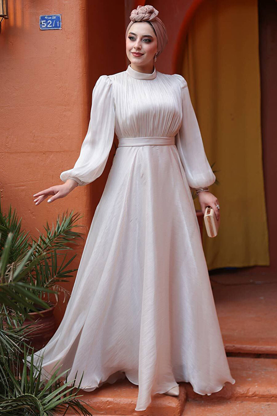 Drape Detaylı Taş Tesettür Abiye Elbise 51072TAS