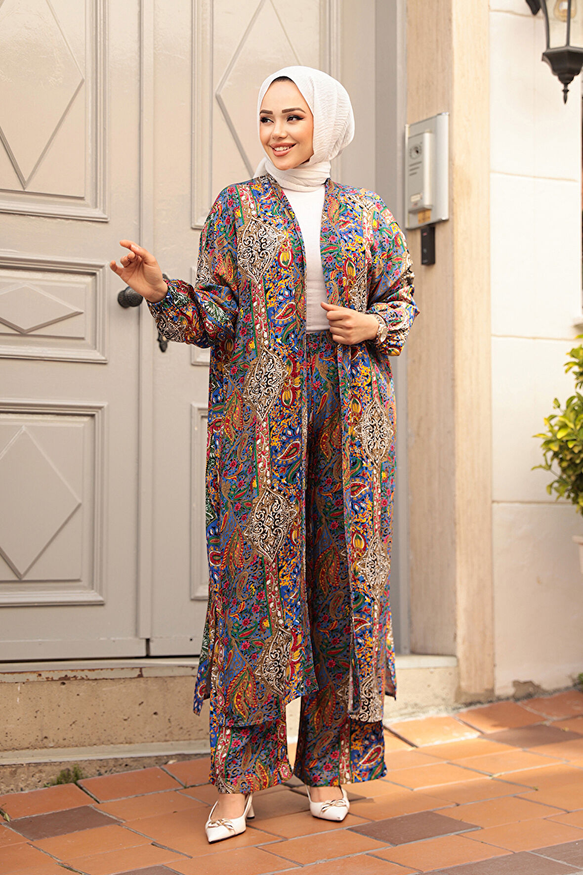 Desenli Sax Mavisi Tesettür İkili Kimono Takım 12885SX