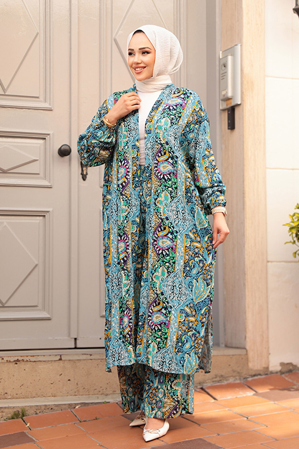 Desenli Mavi Tesettür İkili Kimono Takım 12885M