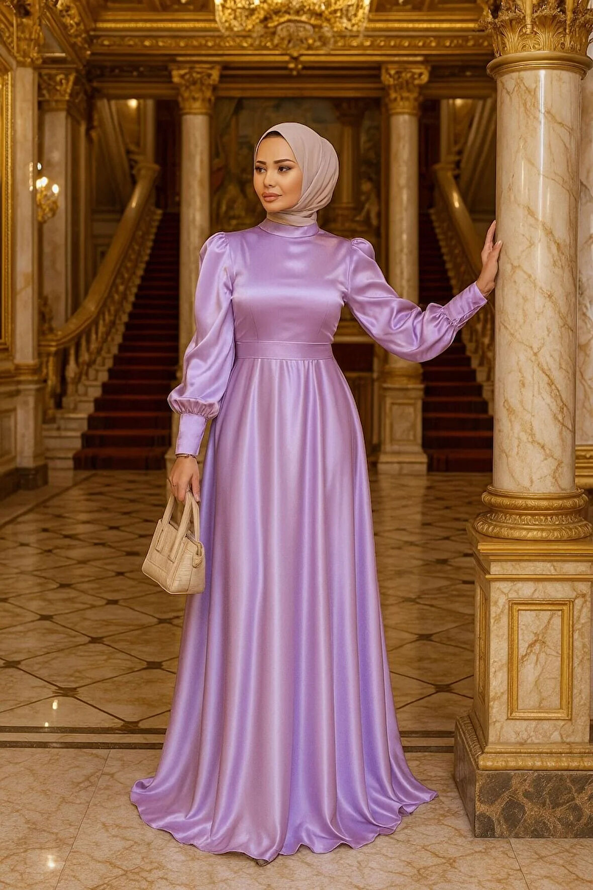 Saten Lila Tesettür Abiye Elbise 23242LILA