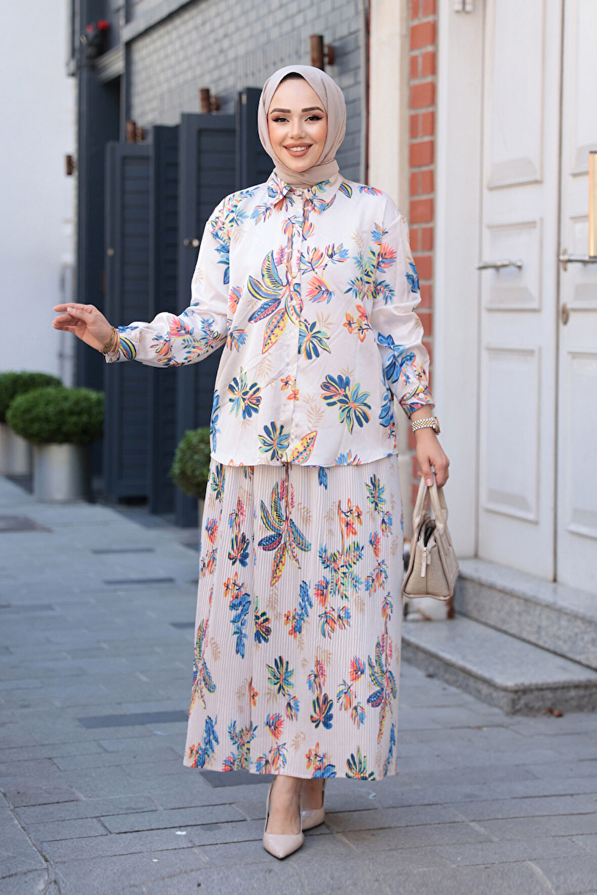 Desenli Mavi Tesettür Etekli İkili Takım 13028M