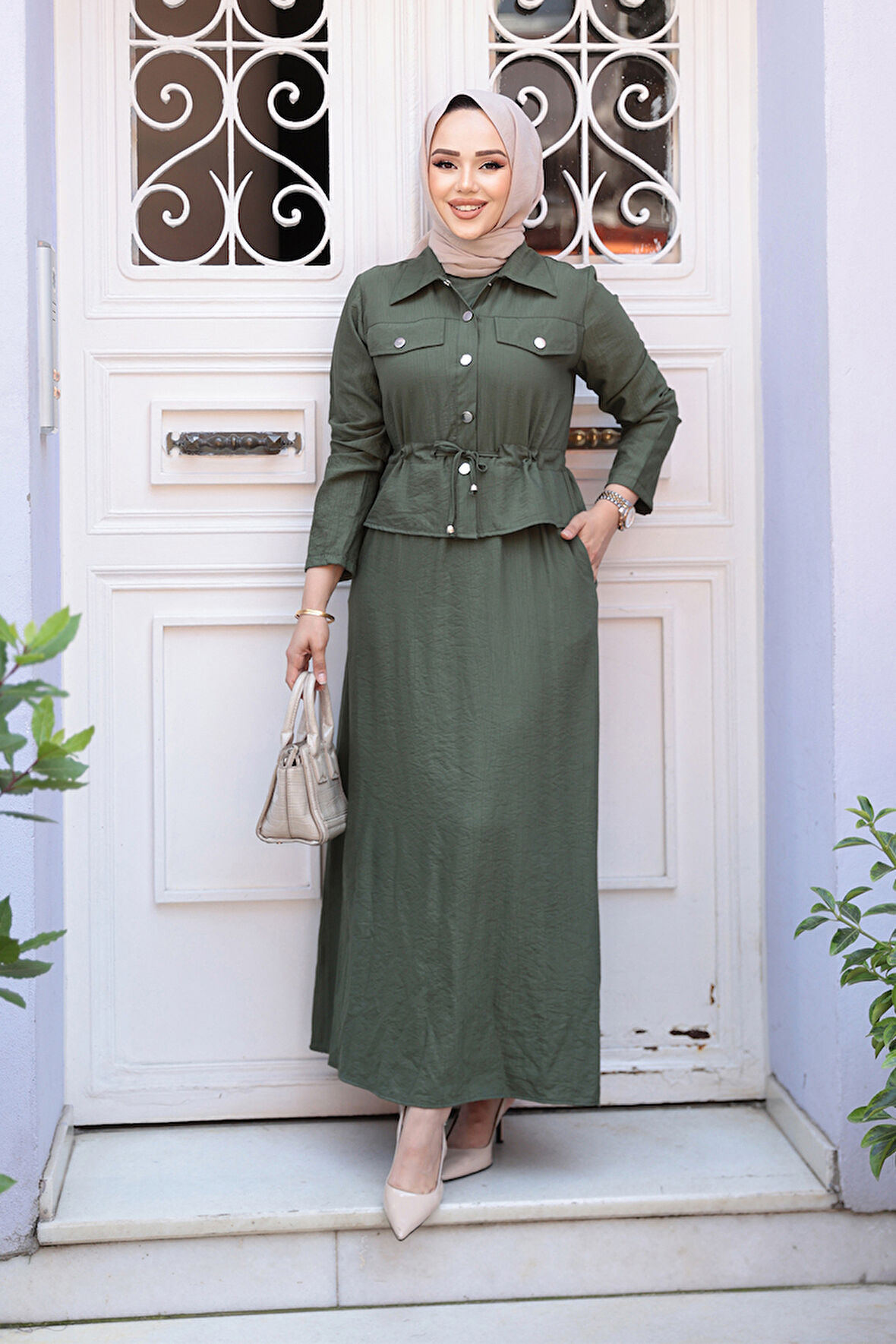 Ceketli Haki Tesettür Elbise İkili Takım 44651HK