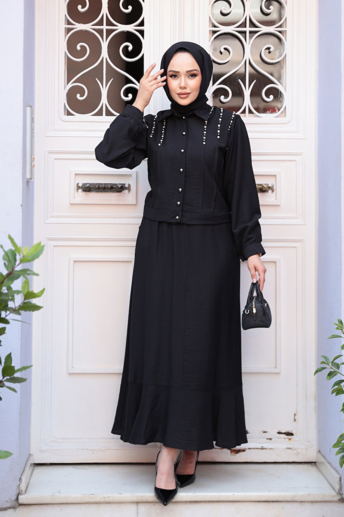 Düğmeli Siyah Tesettür Etekli İkili Takım 44741S