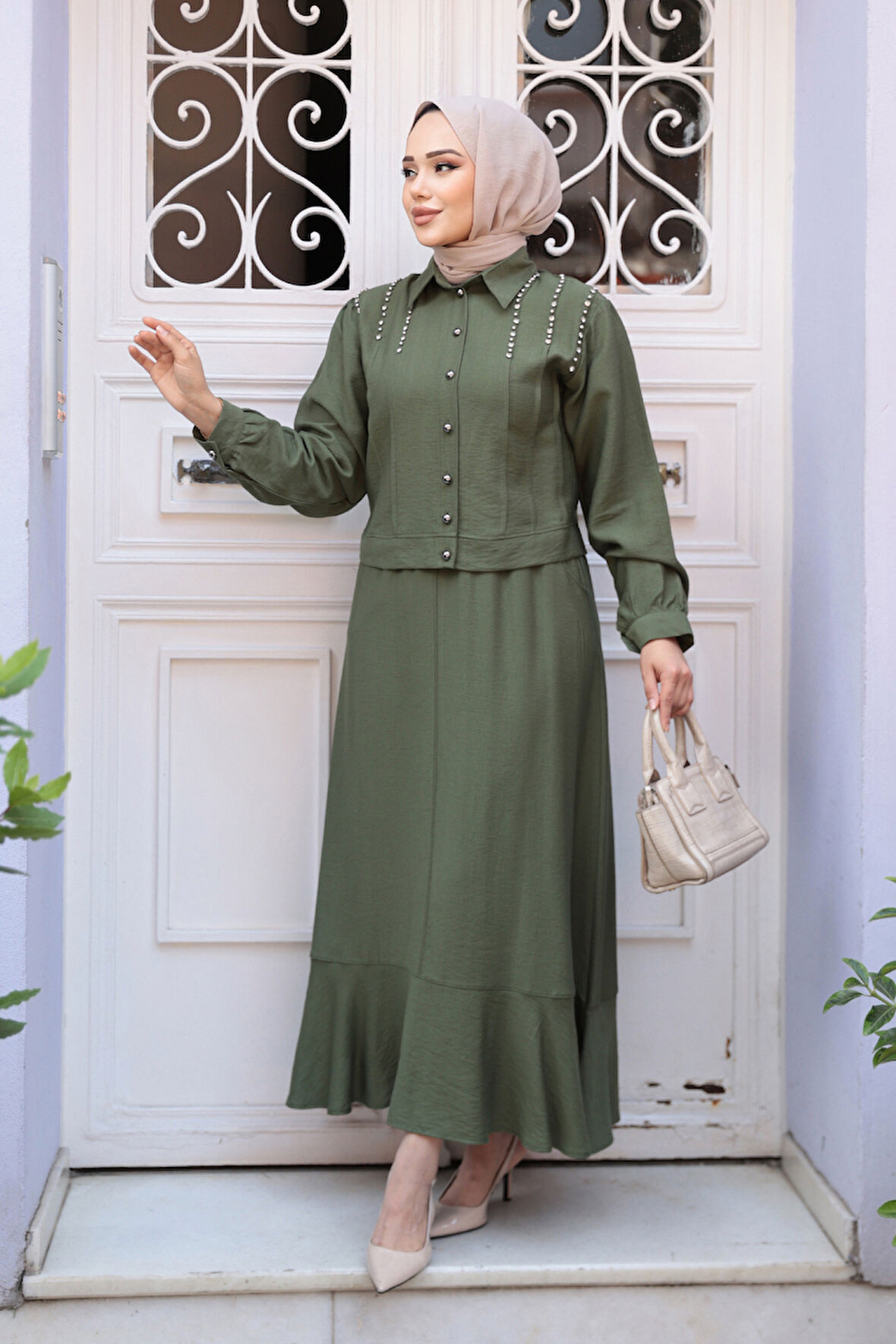 Düğmeli Haki Tesettür Etekli İkili Takım 44741HK