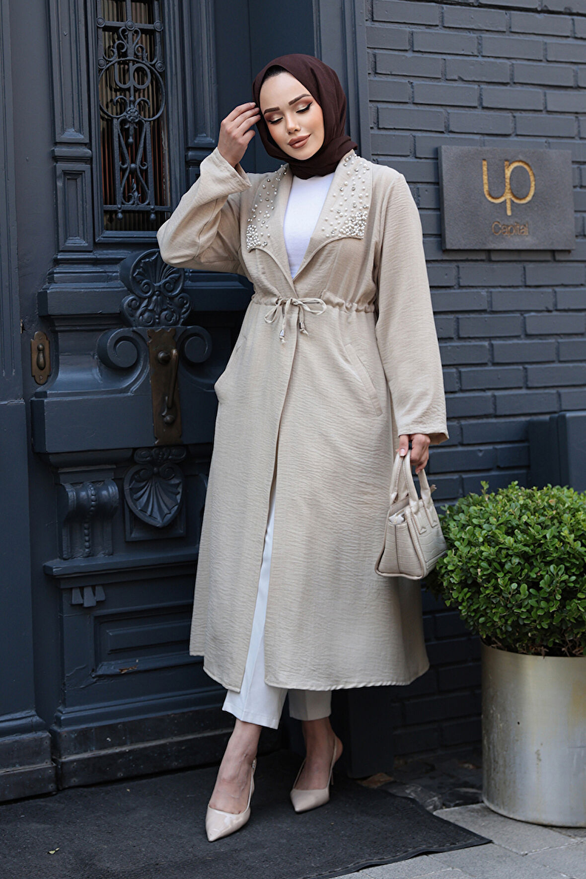 İnci Detaylı Bej Tesettür Kap 6714BEJ