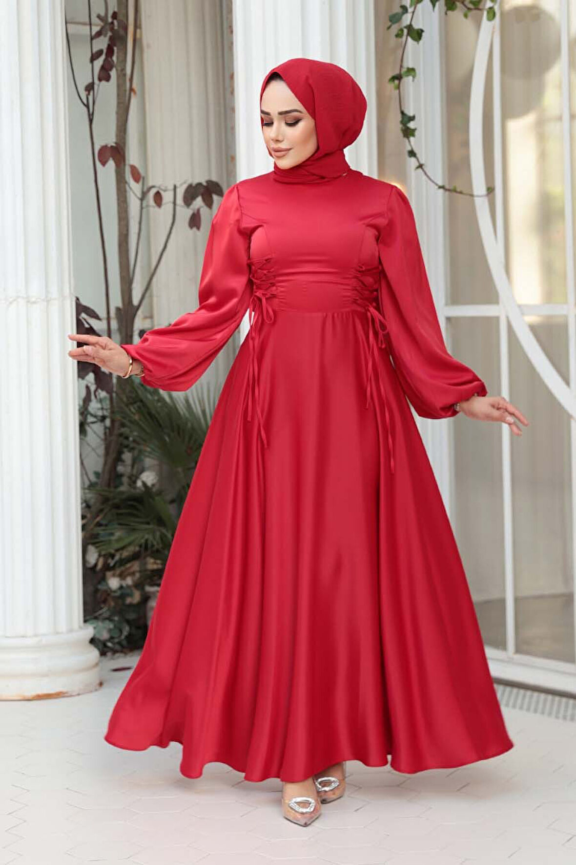 - Balon Kol Kırmızı Saten Tesettür Abiye Elbise 61501K