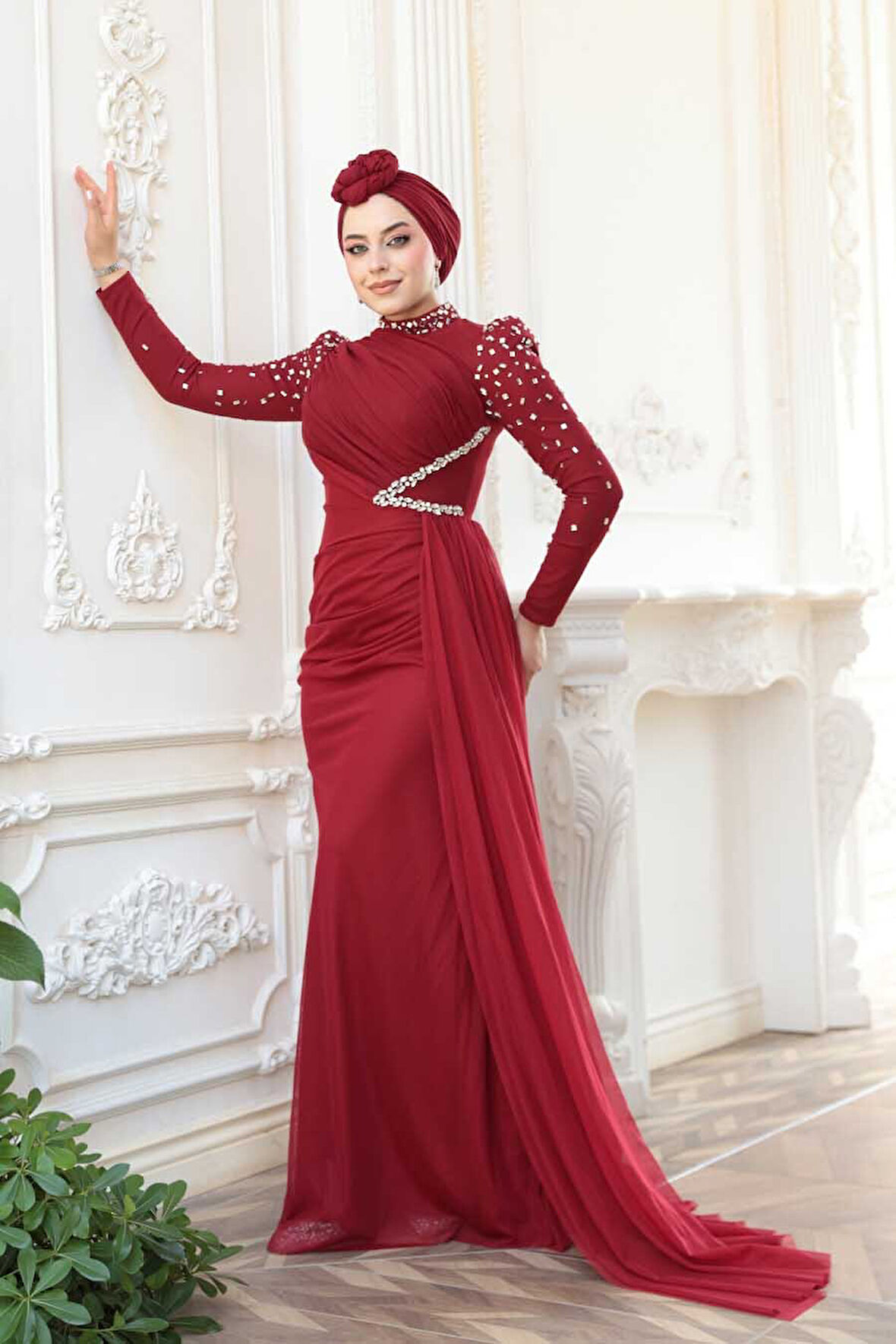 Boncuk İşlemeli Bordo Tesettür Abiye Elbise 5295BR