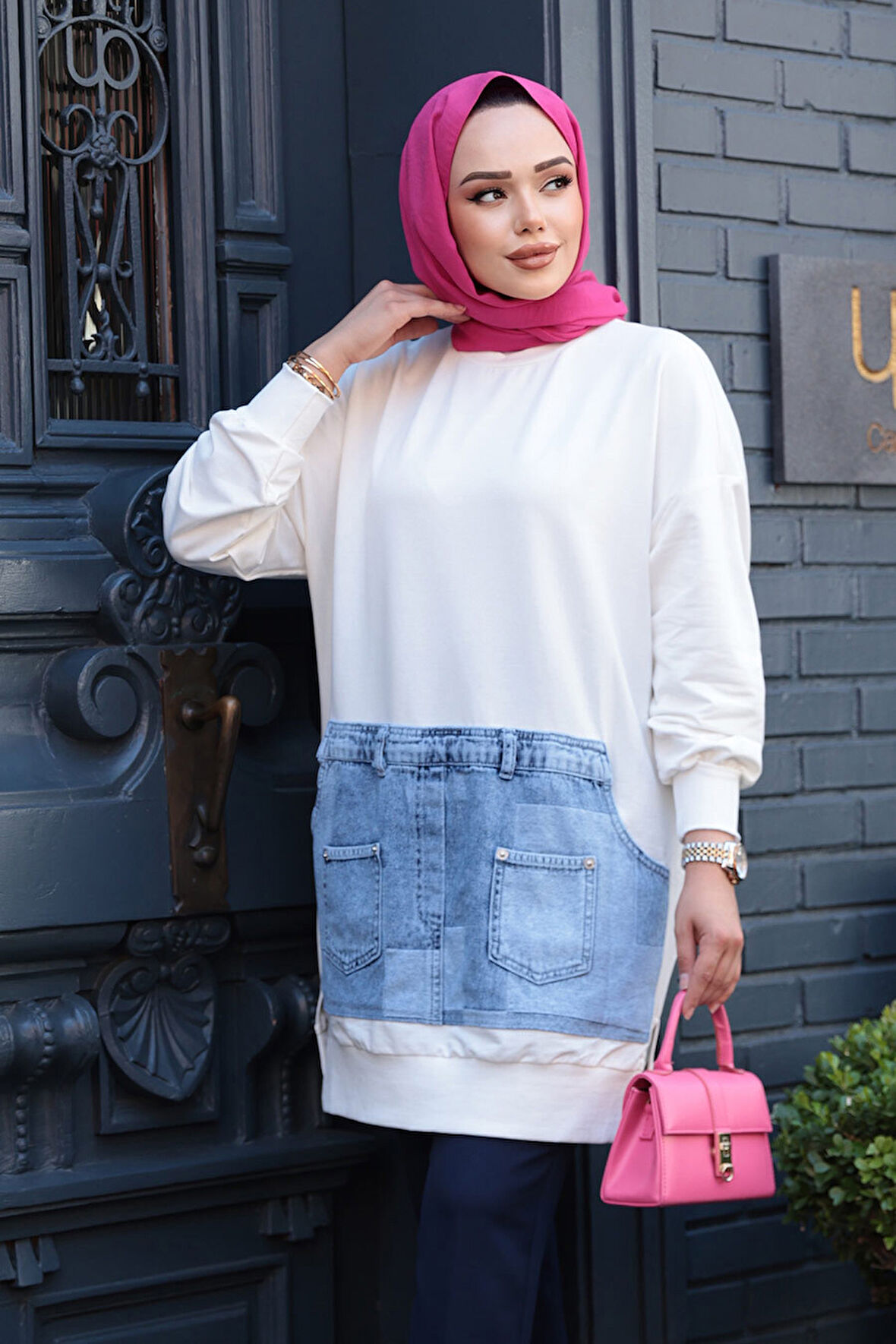 Desenli Ekru Tesettür Tunik 10631E