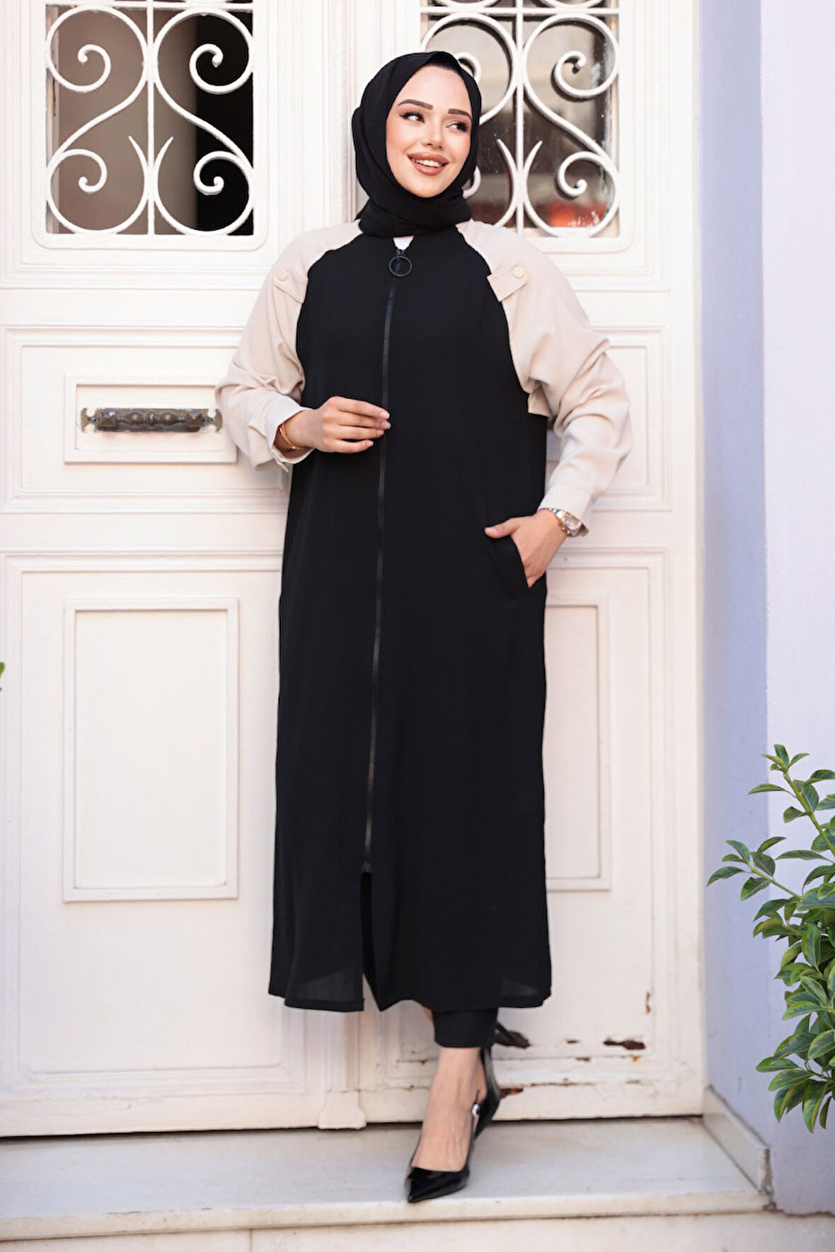 Blok Renkli Siyah Tesettür Hırka 15200S
