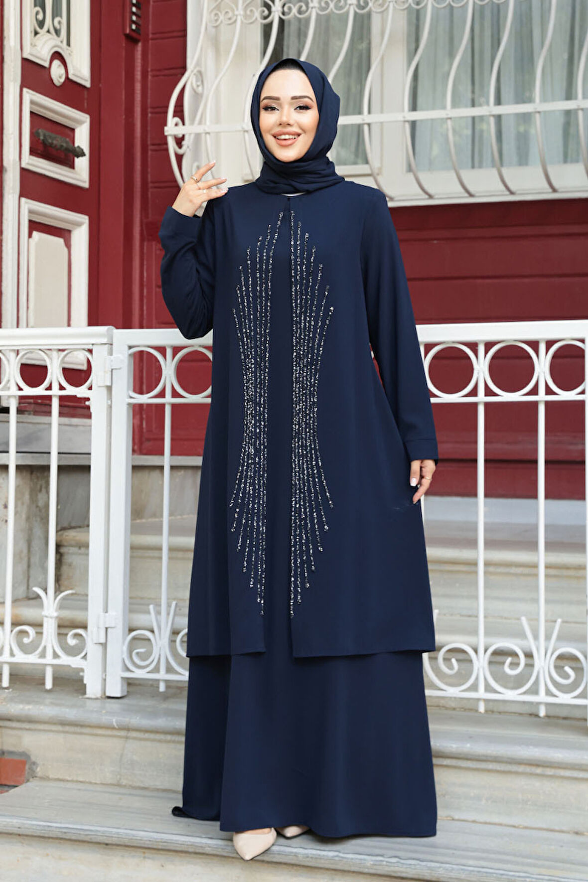 Boncuk İşlemeli Lacivert Tesettür Abaya 29132L