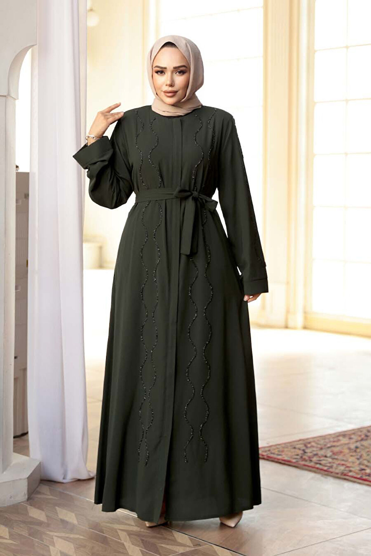 Boncuk İşlemeli Haki Tesettür Abaya 29117HK