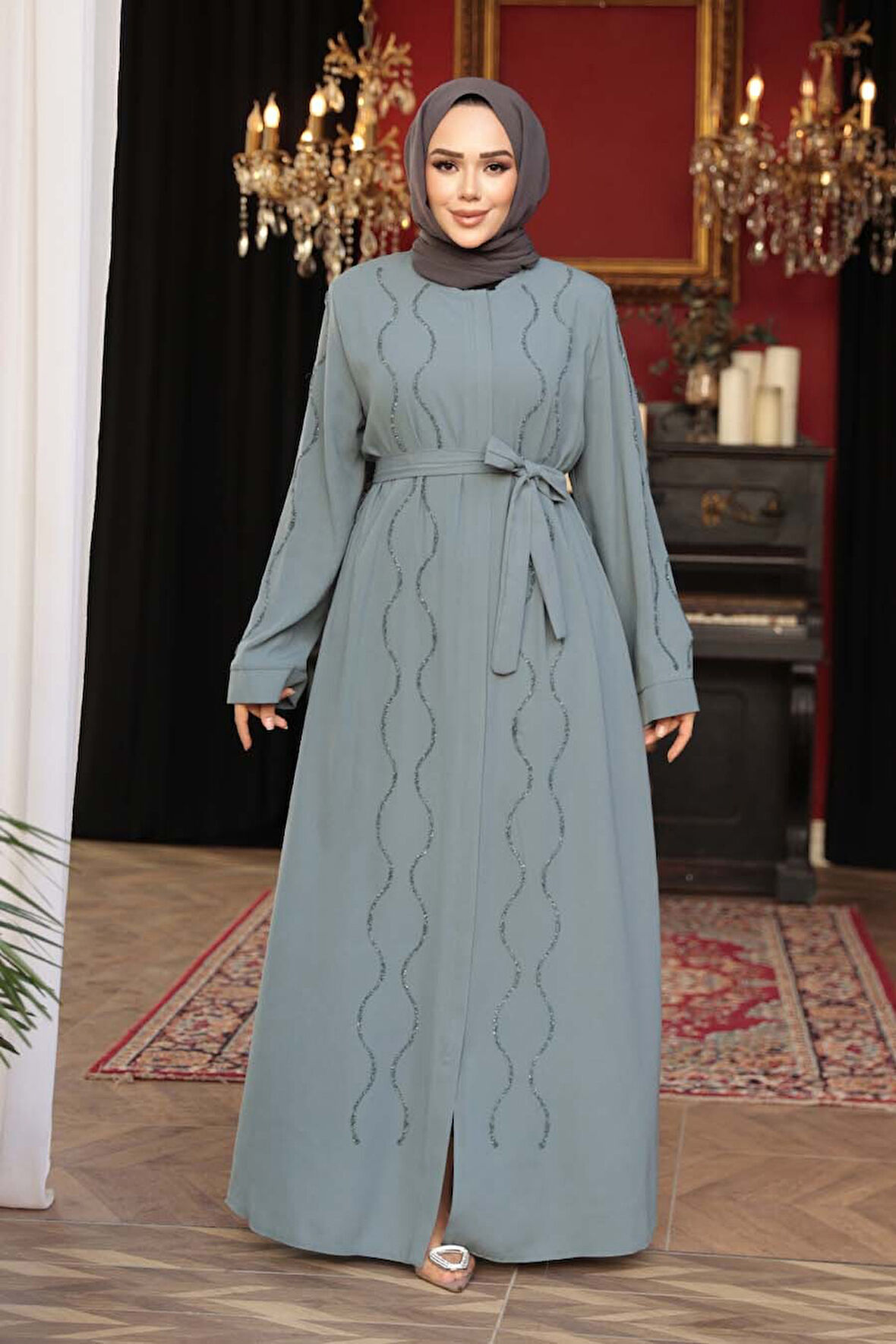 Boncuk İşlemeli Mint Tesettür Abaya 29117MINT