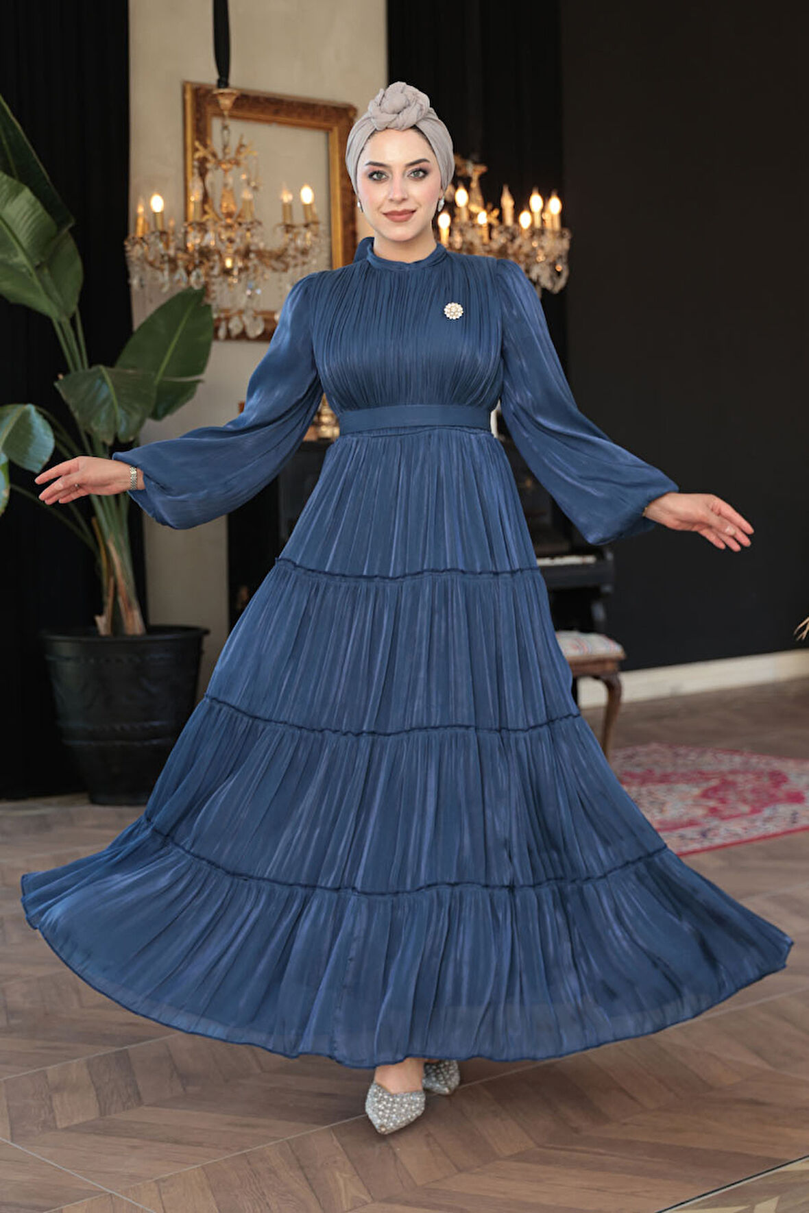 - Kat Piliseli Lacivert Tesettür Abiye Elbise 52981L