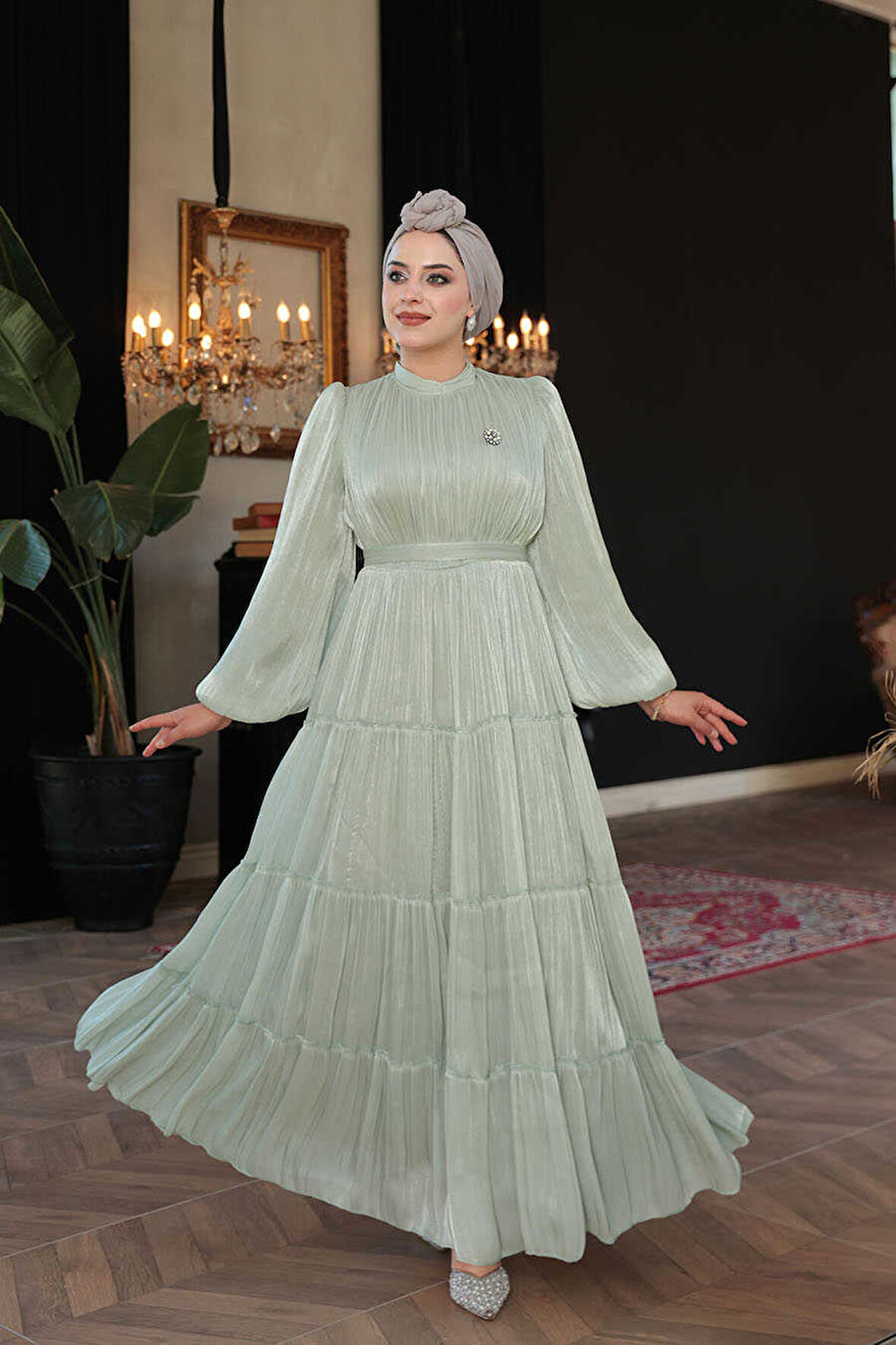  Kat Piliseli Mint Tesettür Abiye Elbise 52981MINT