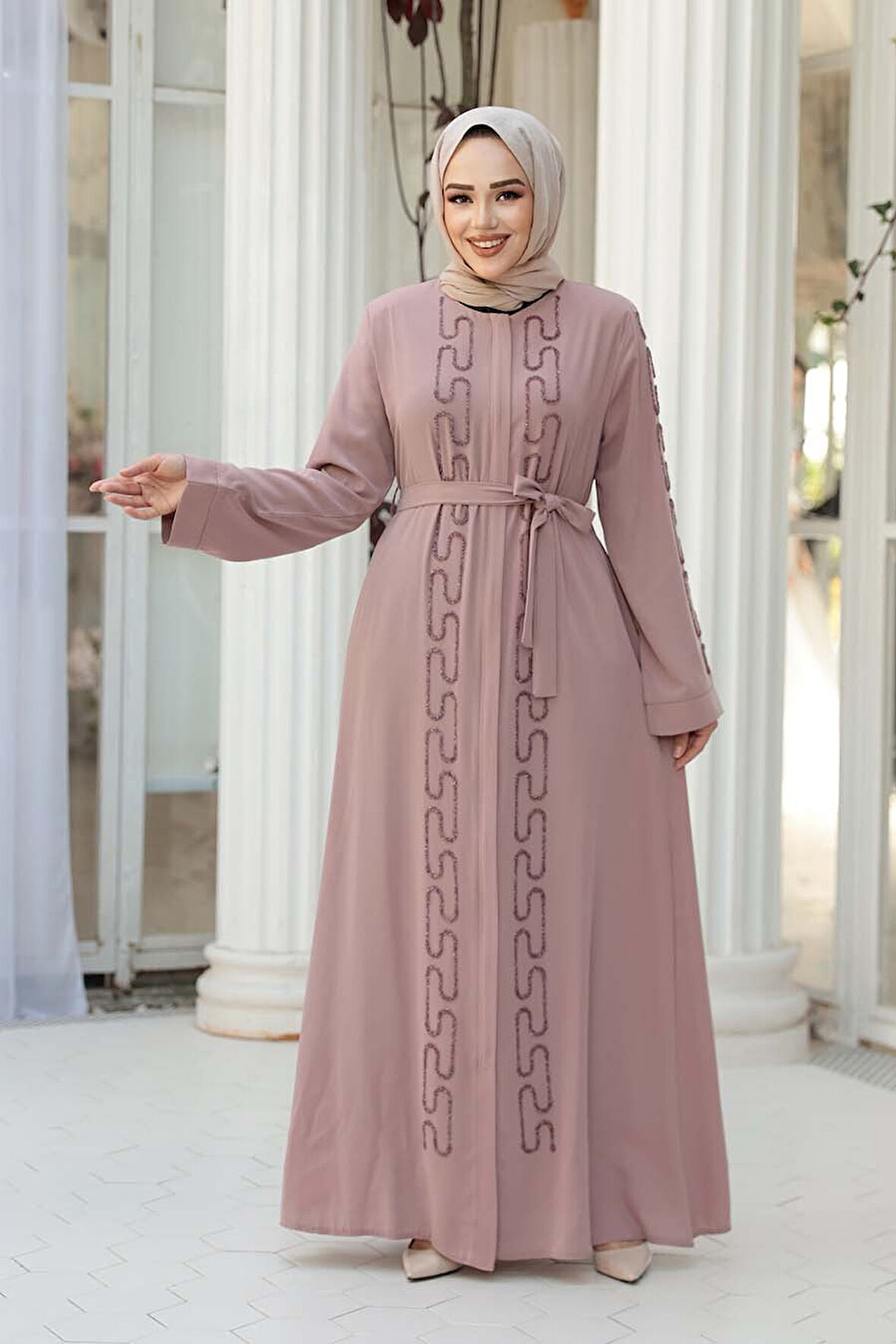 Boncuk İşlemeli Pudra Tesettür Abaya 29118PD