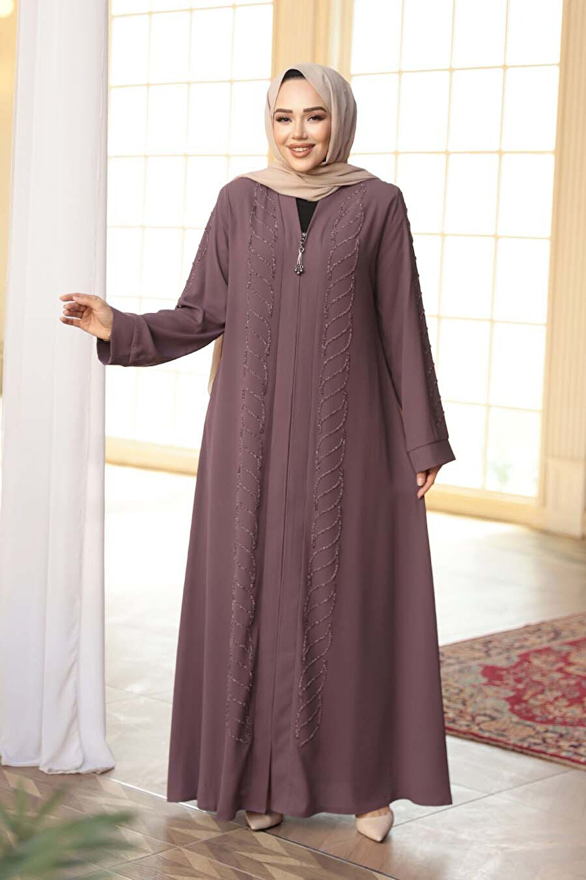 Boncuk İşlemeli Gül Kurusu Tesettür Ferace 29122GK