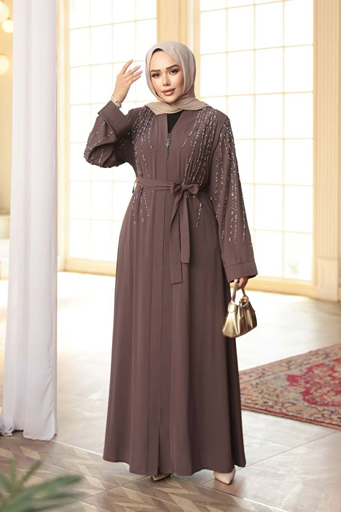 Boncuk İşlemeli Açık Kahverengi Tesettür Abaya 29111AKH