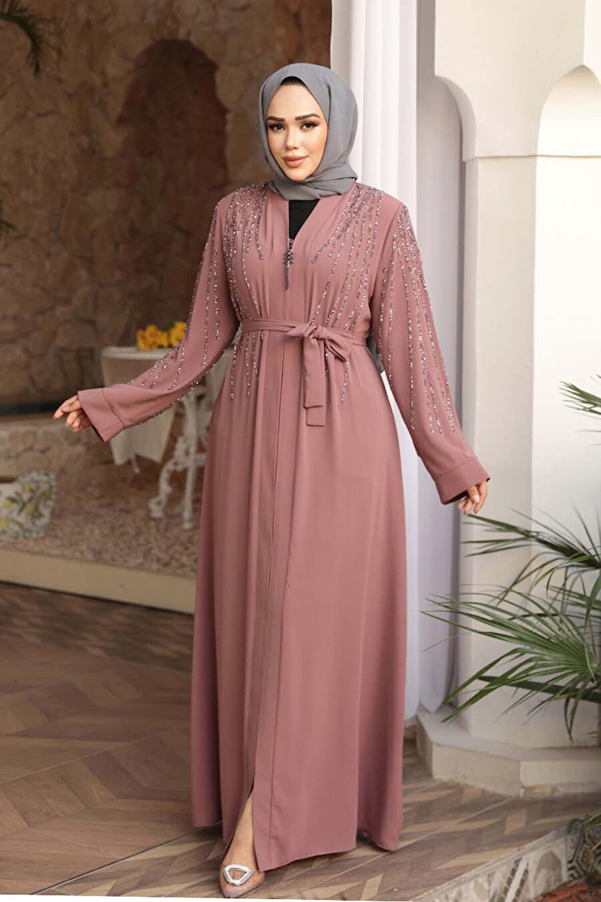 Boncuk İşlemeli Açık Gül Kurusu Tesettür Abaya 29111AGK