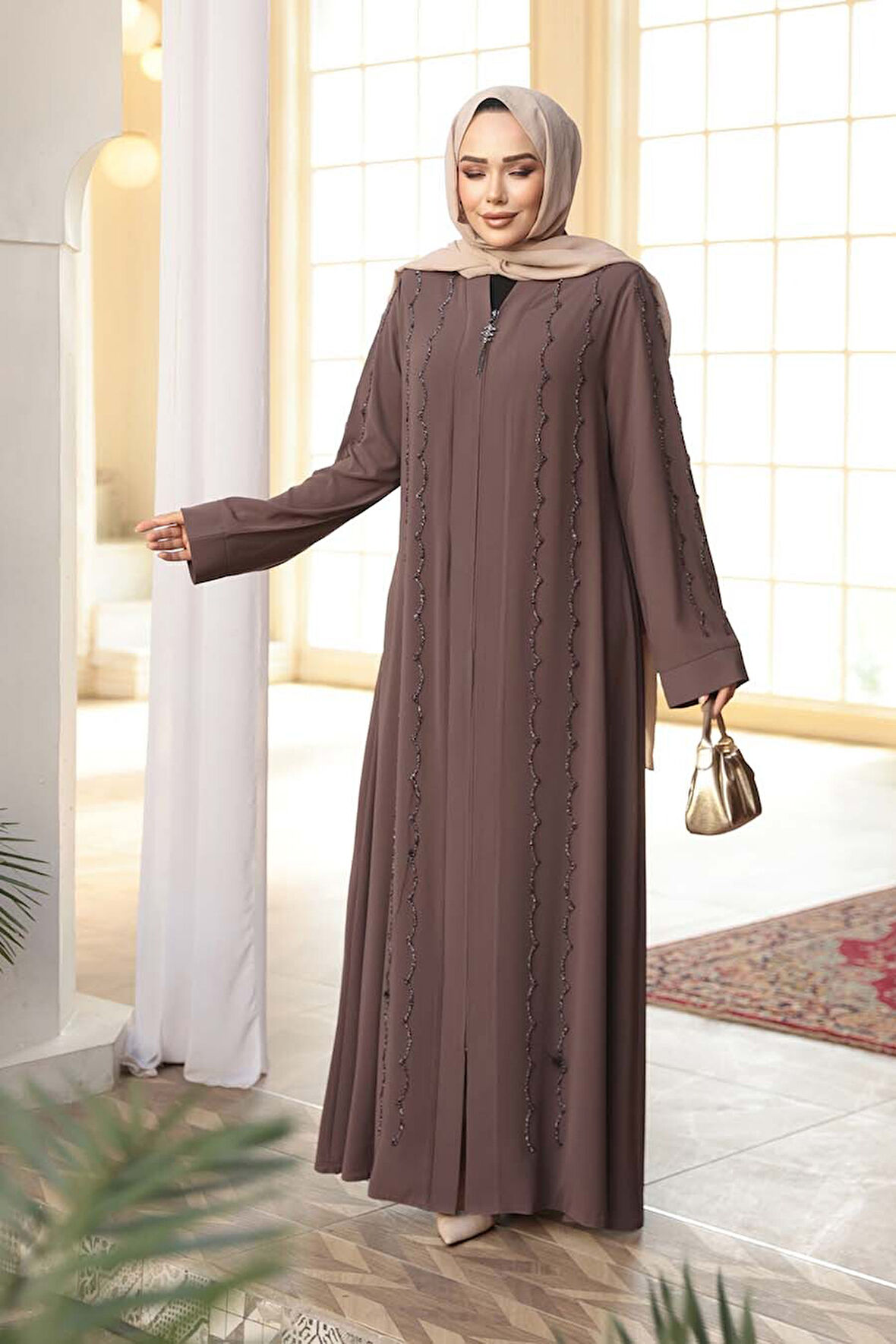 Boncuk İşlemeli Açık Kahverengi Tesettür Abaya 29113AKH