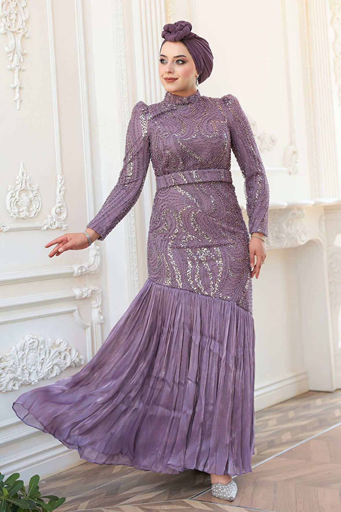 Boncuk İşlemeli Lila Tesettür Abiye Elbise 51621LILA