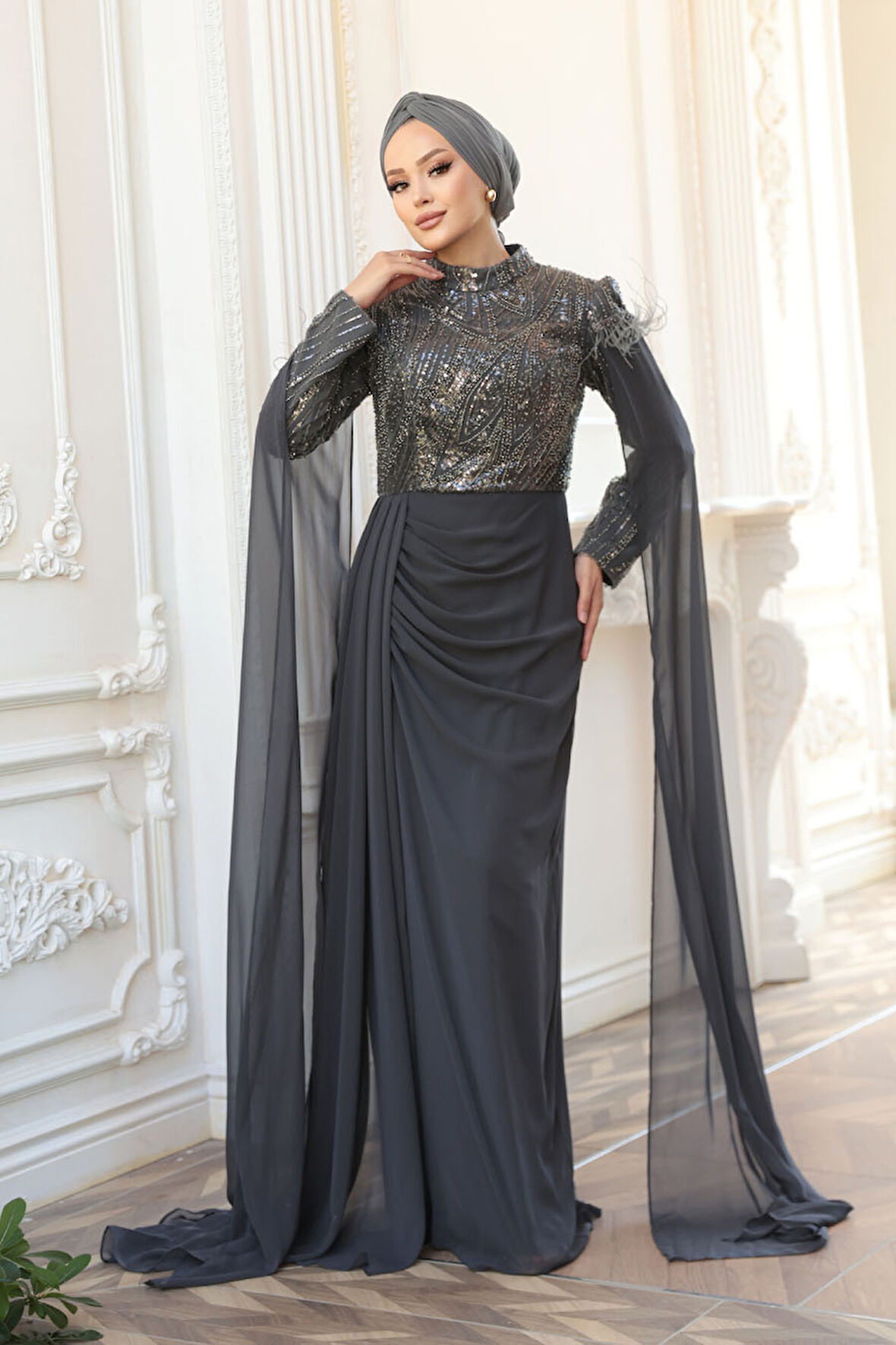  Pelerin Detaylı Füme Tesettür Abiye Elbise 52592FU