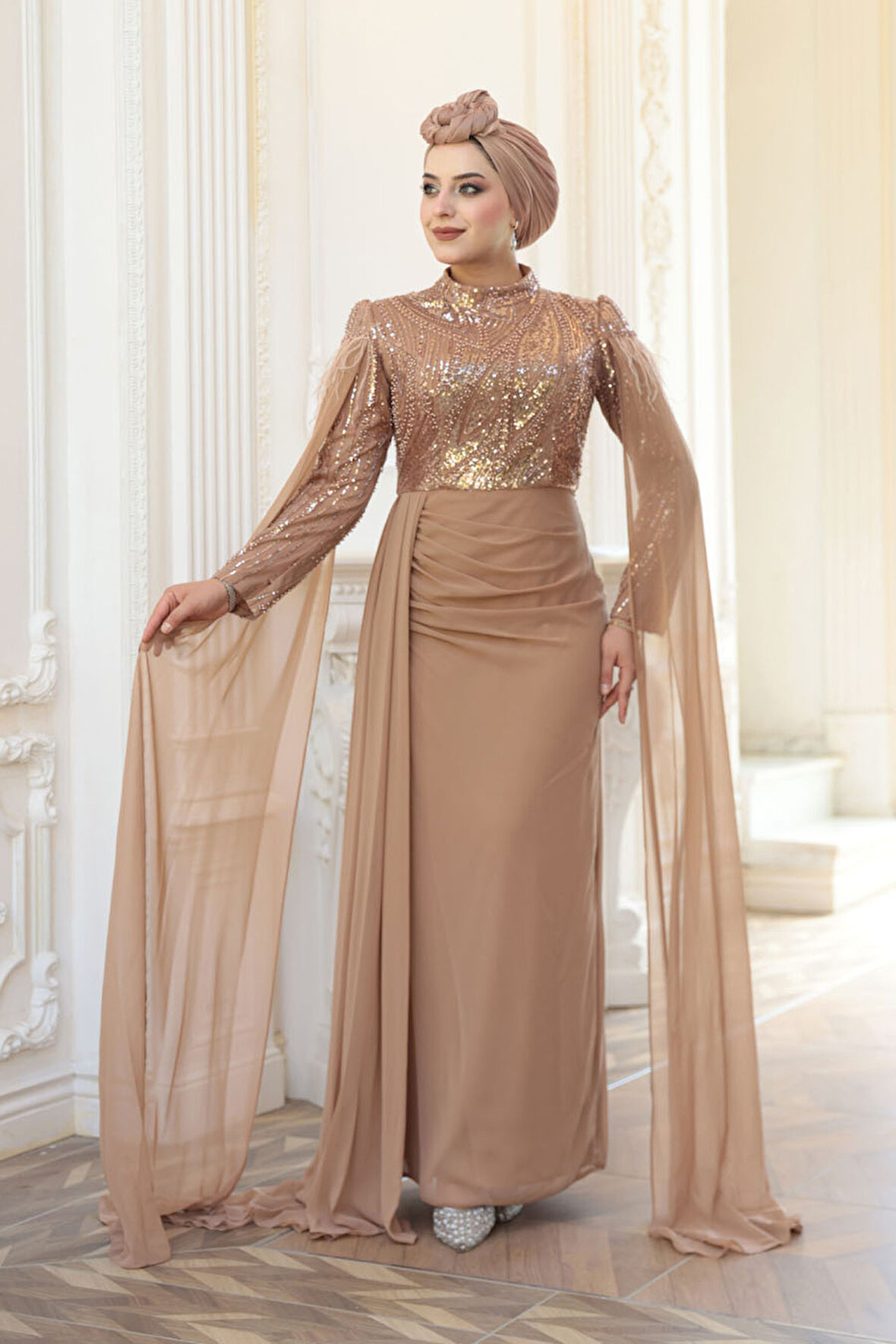  Pelerin Detaylı Vizon Tesettür Abiye Elbise 52592V