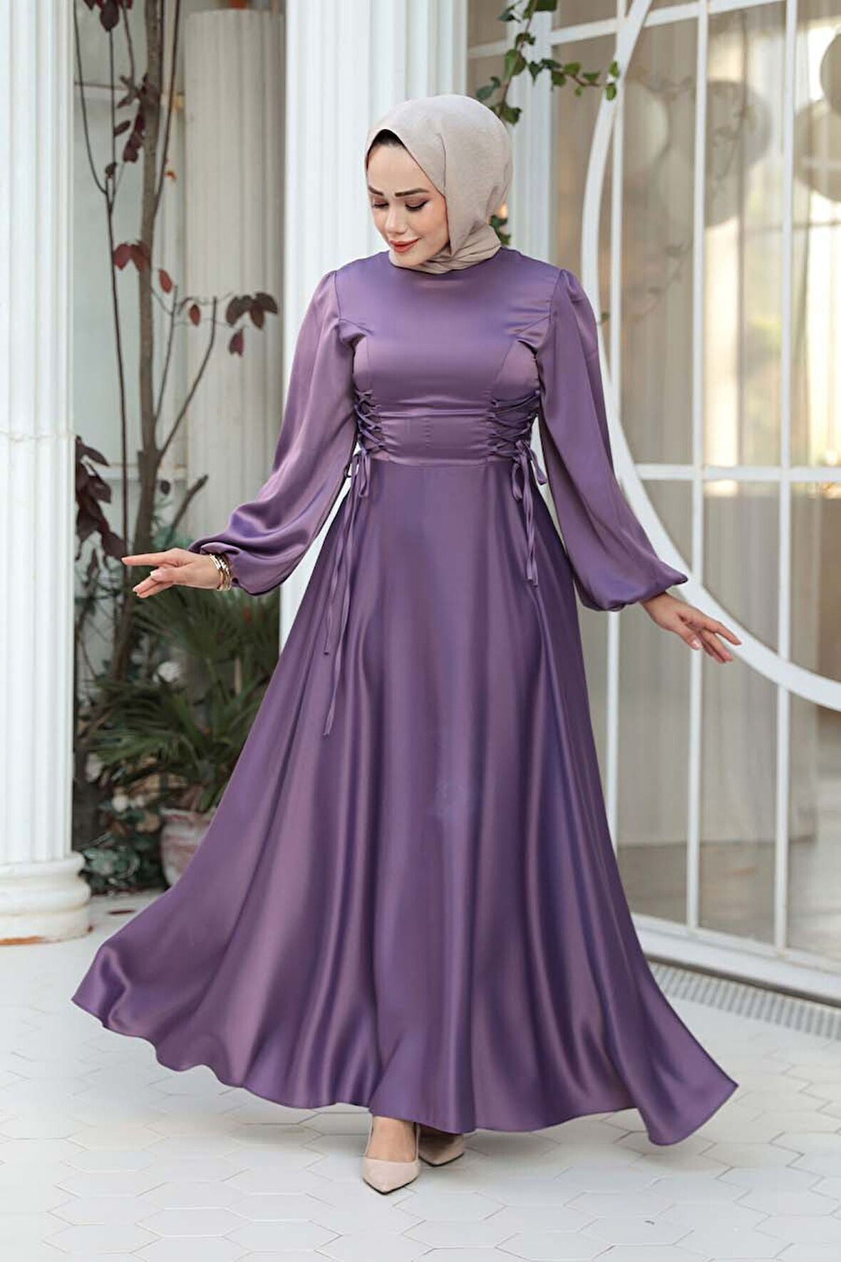  Balon Kol Lila Saten Tesettür Abiye Elbise 61501LILA