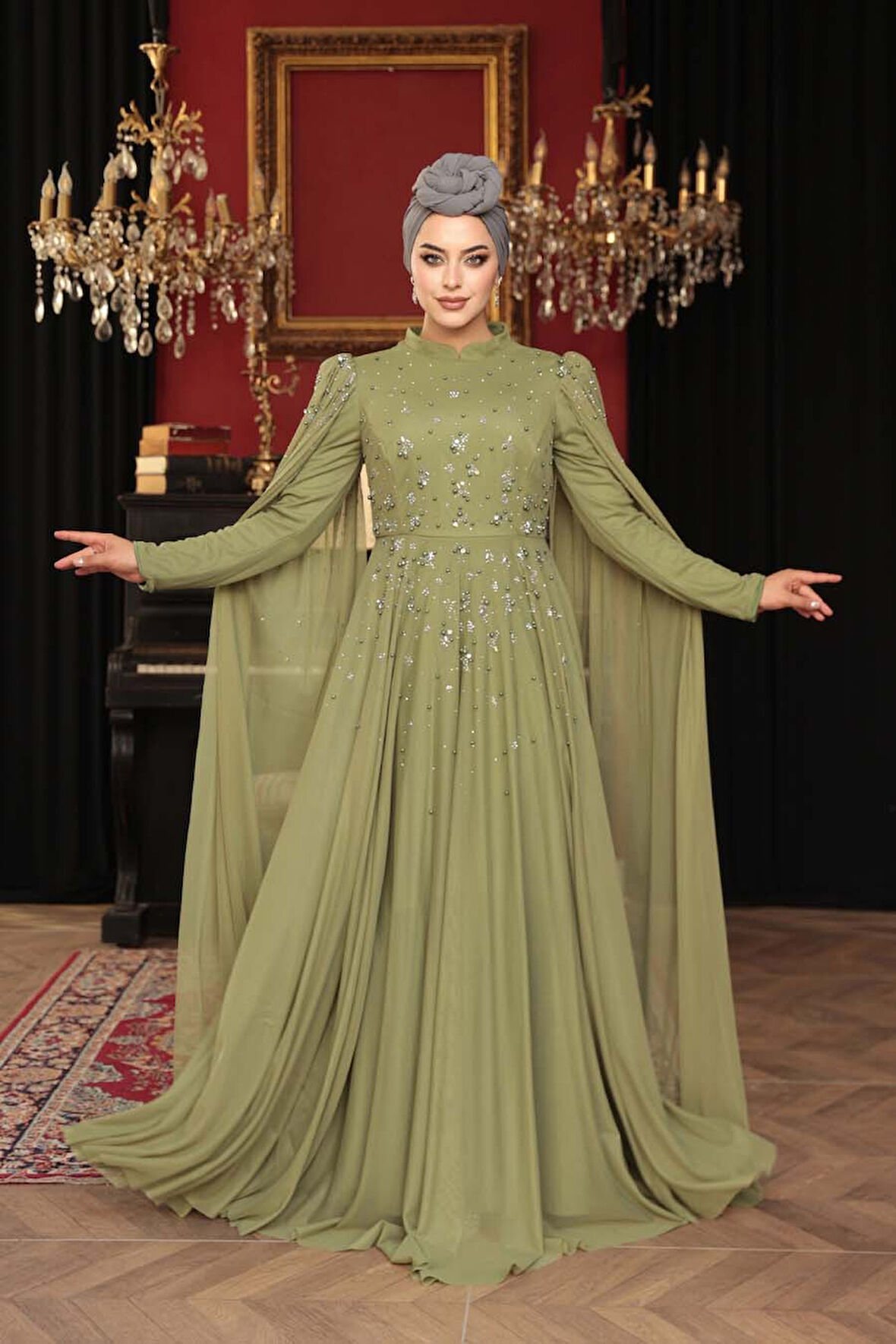 Boncuk Detaylı Pelerinli Açık Haki Tesettür Abiye Elbise 53141AHK