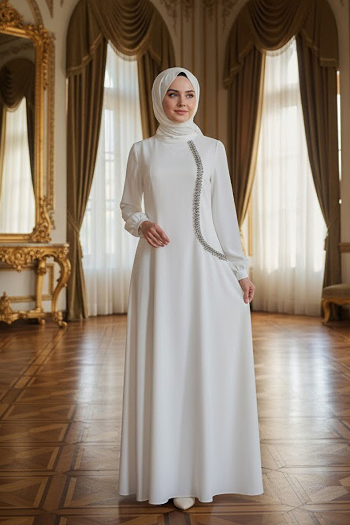  Boncuk Detaylı Ekru Tesettür Saten Abiye Elbise 62281E