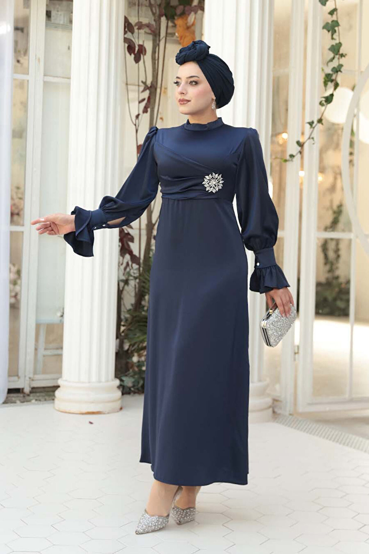 Saten Lacivert Tesettür Abiye Elbise 62301L