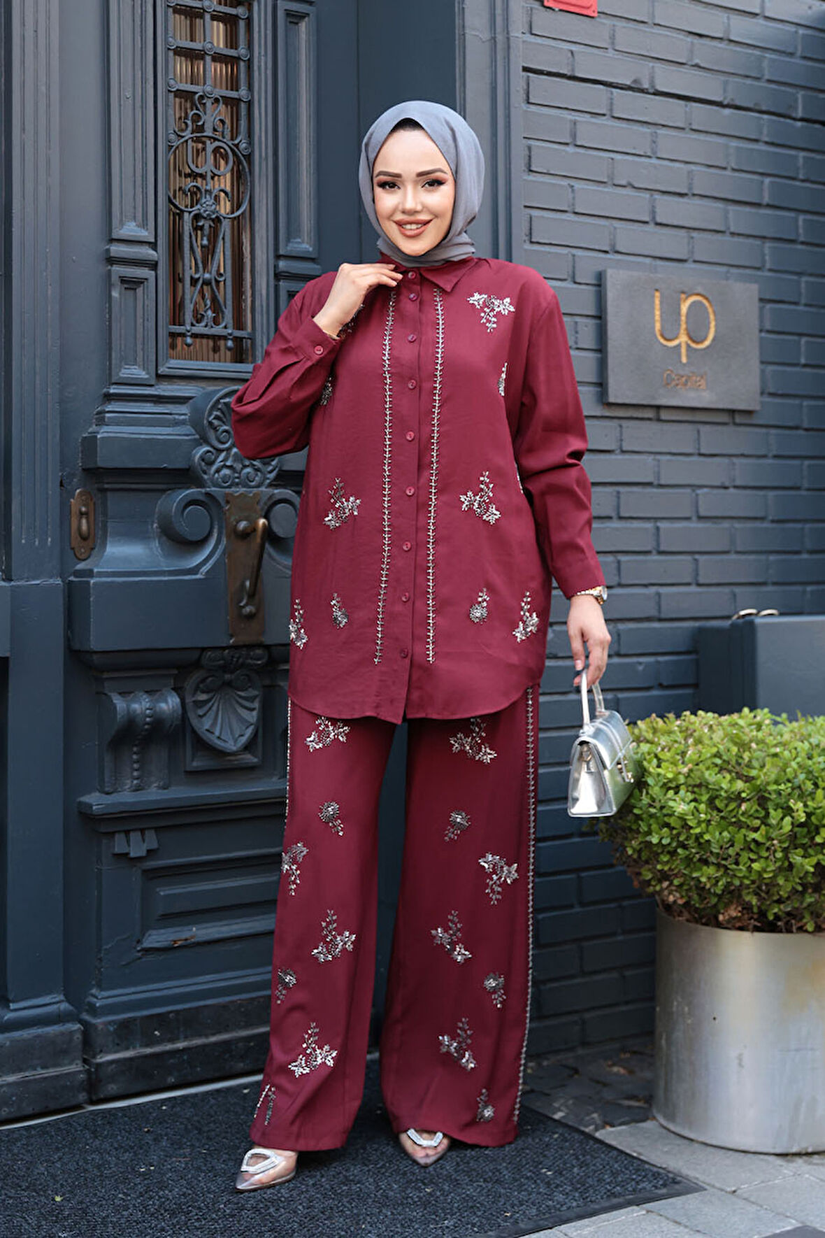 Boncuk İşlemeli Bordo Tesettür İkili Takım 19030BR
