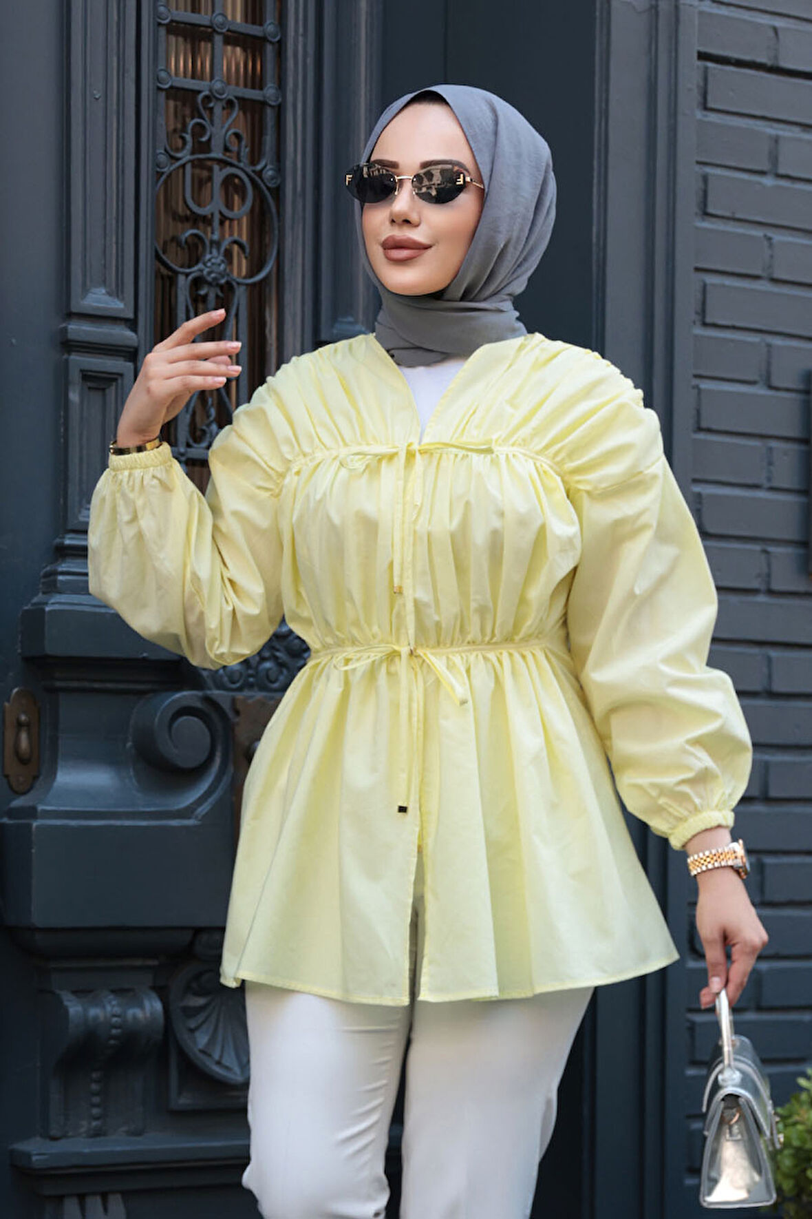 Büzgü Detaylı Sarı Tesettür Tunik 101042SR