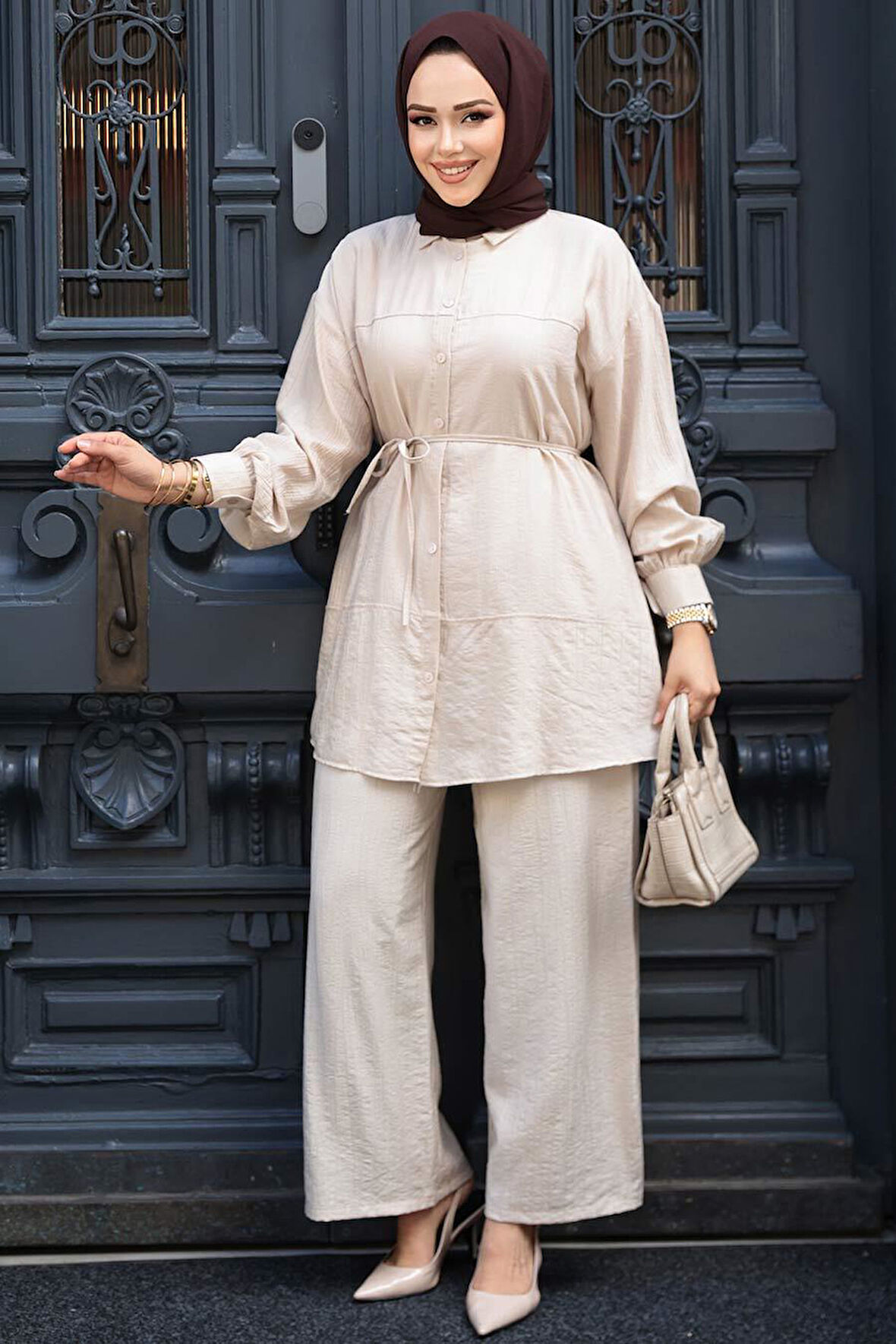 Düğmeli Bej Tesettür İkili Takım 60341BEJ