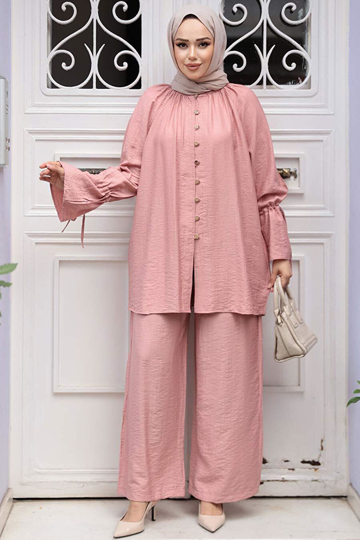 Düğmeli Somon Tesettür İkili Takım 30451SMN