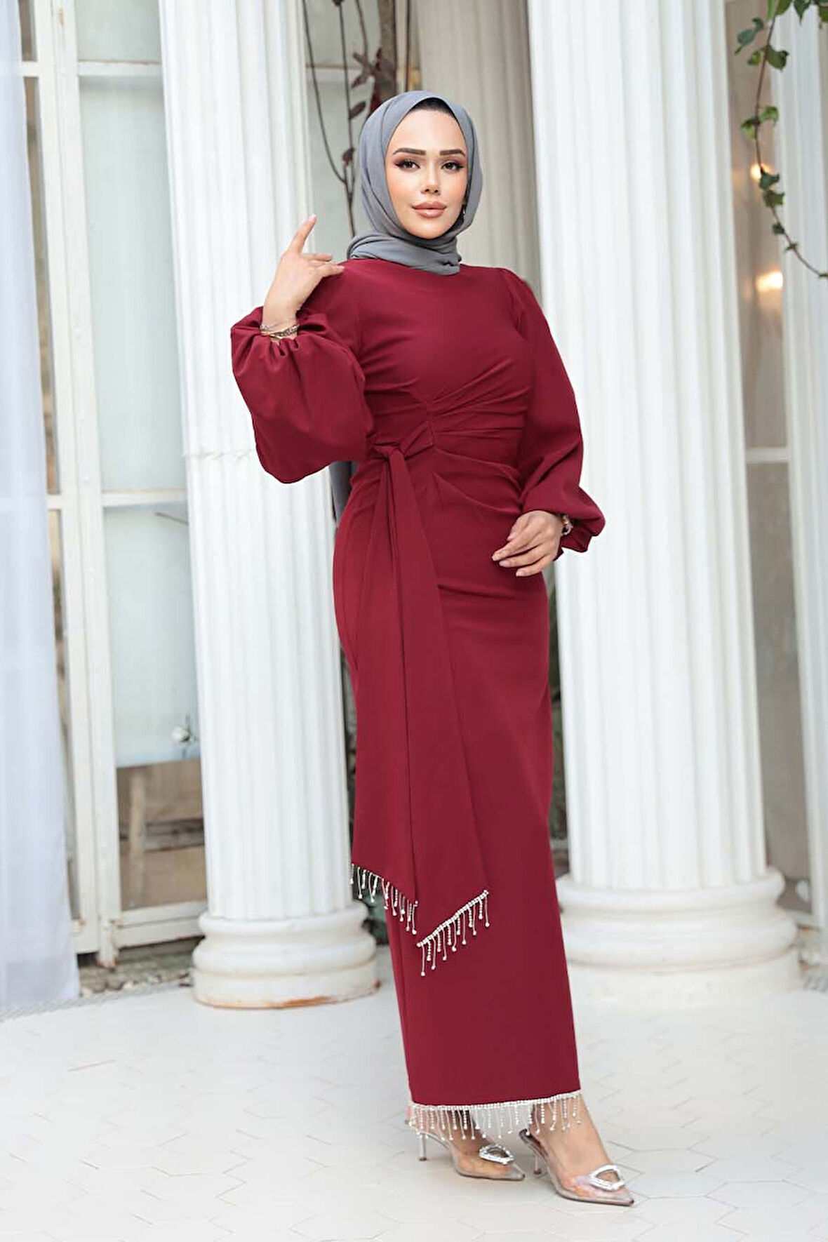 Balon Kol Bordo Tesettür Abiye Elbise 62251BR