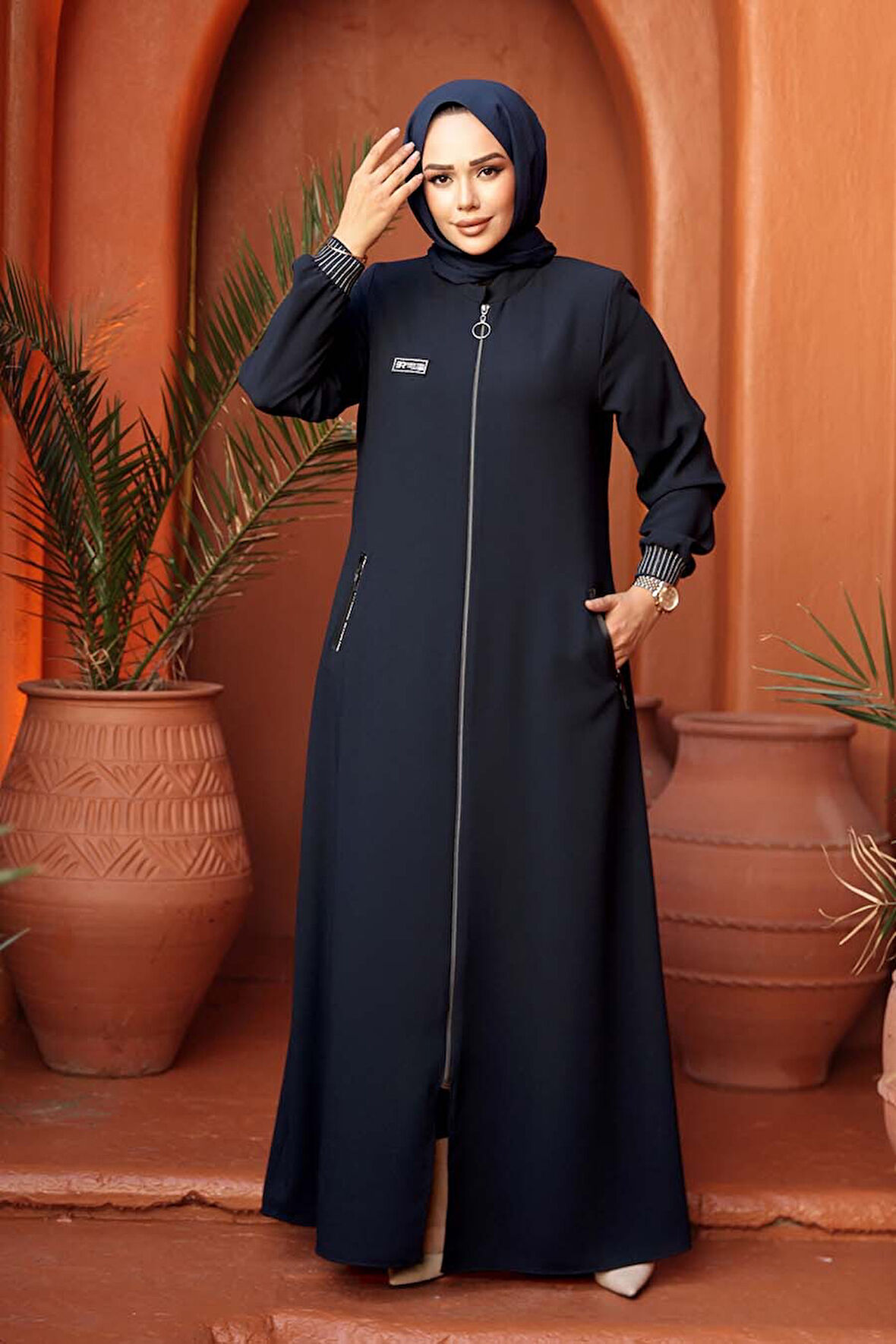 Fermuarlı Lacivert Tesettür Ferace 26371L