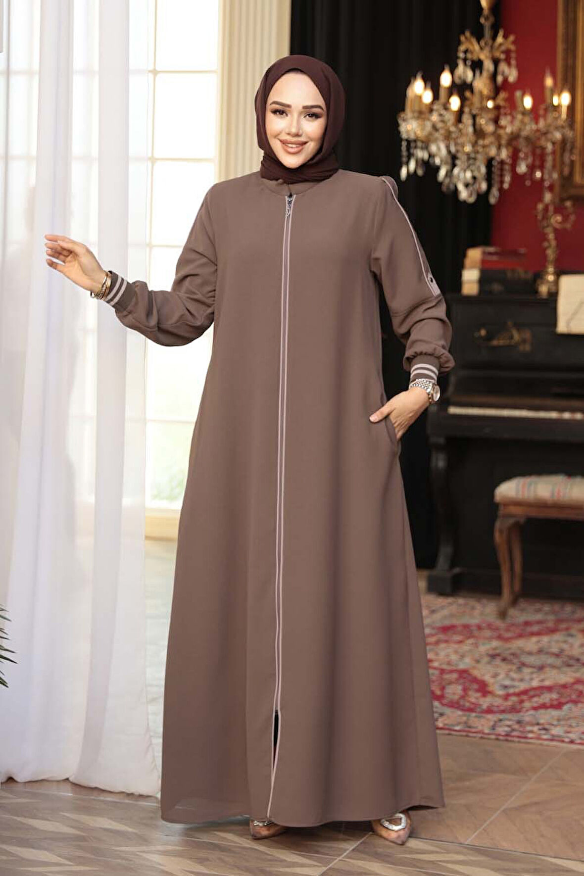 Fermuarlı Vizon Tesettür Ferace 26381V