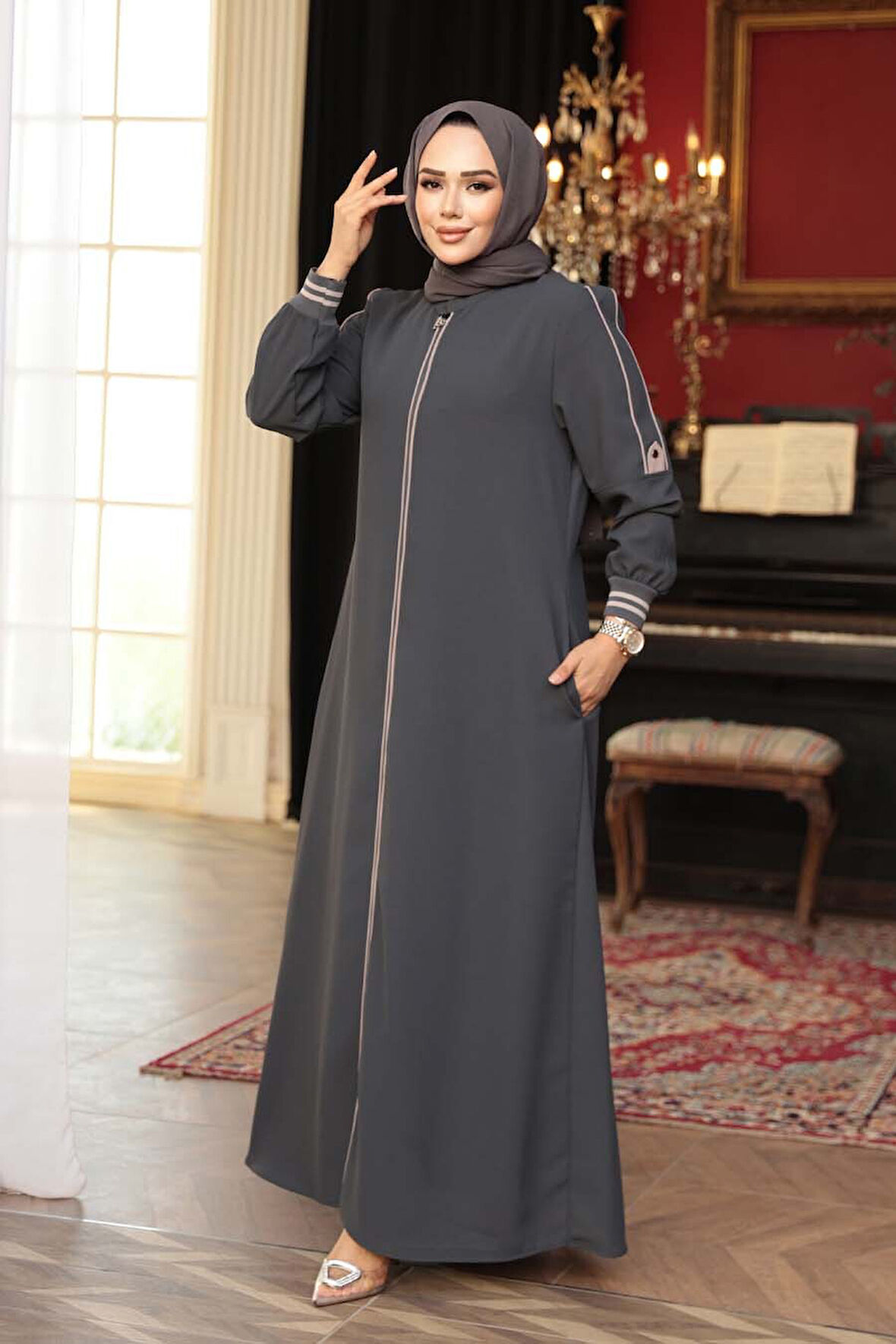 Fermuarlı Füme Tesettür Ferace 26381FU