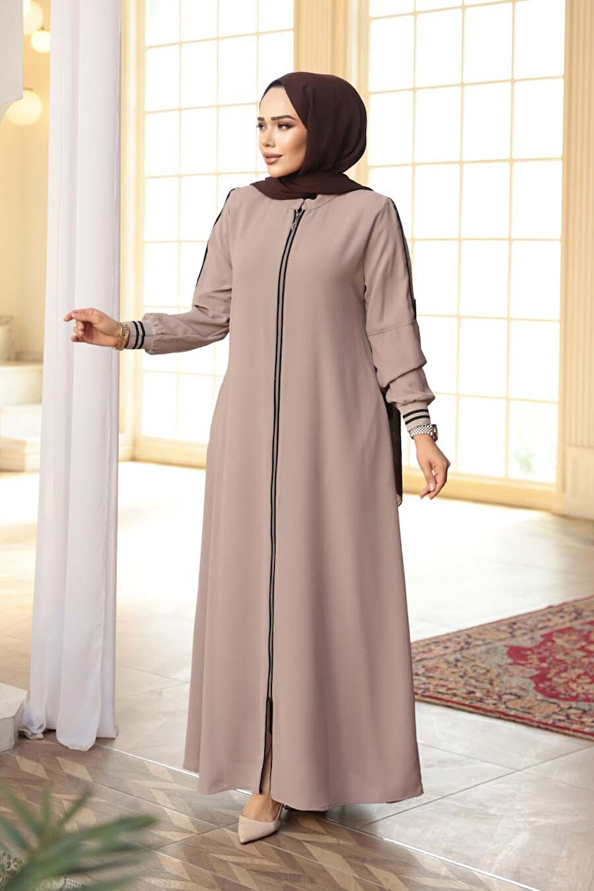 Fermuarlı Koyu Bej Tesettür Ferace 26381KBEJ