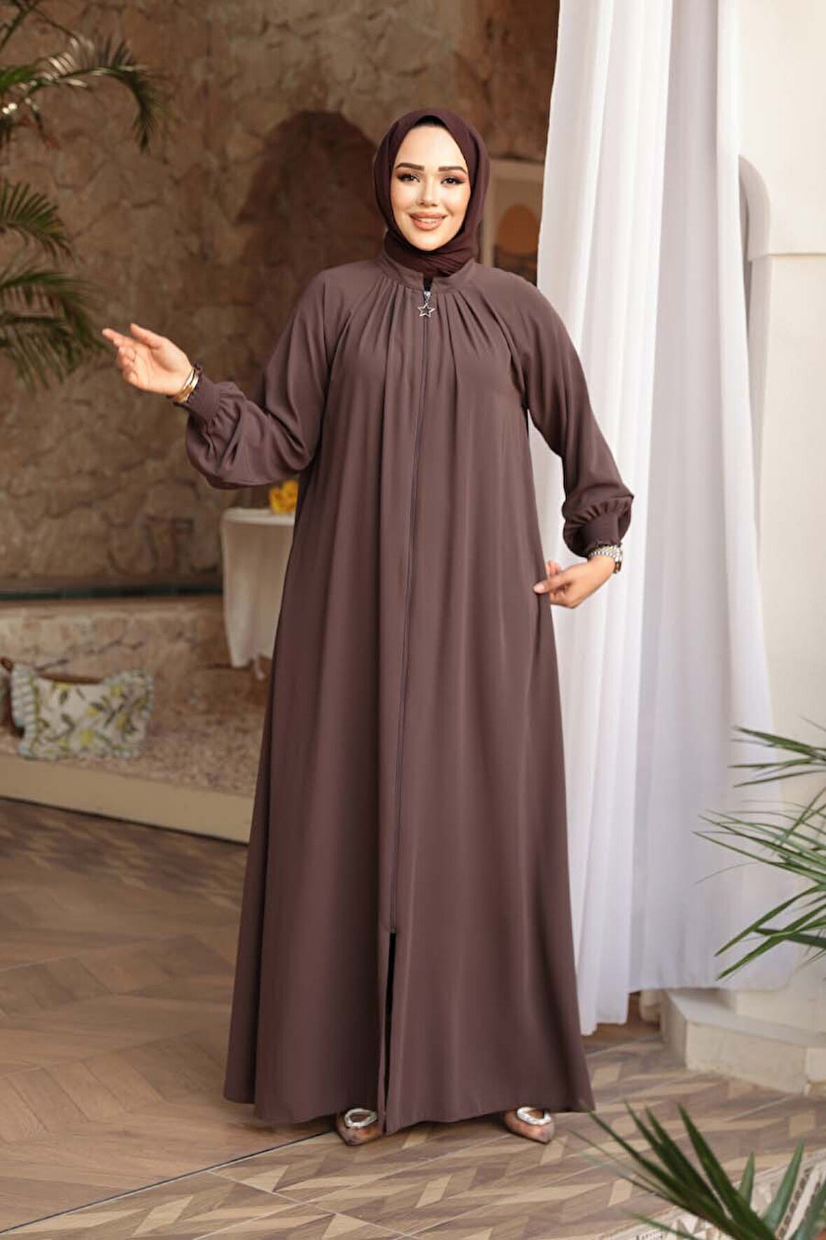Fermuarlı Kahverengi Tesettür Ferace 45293KH
