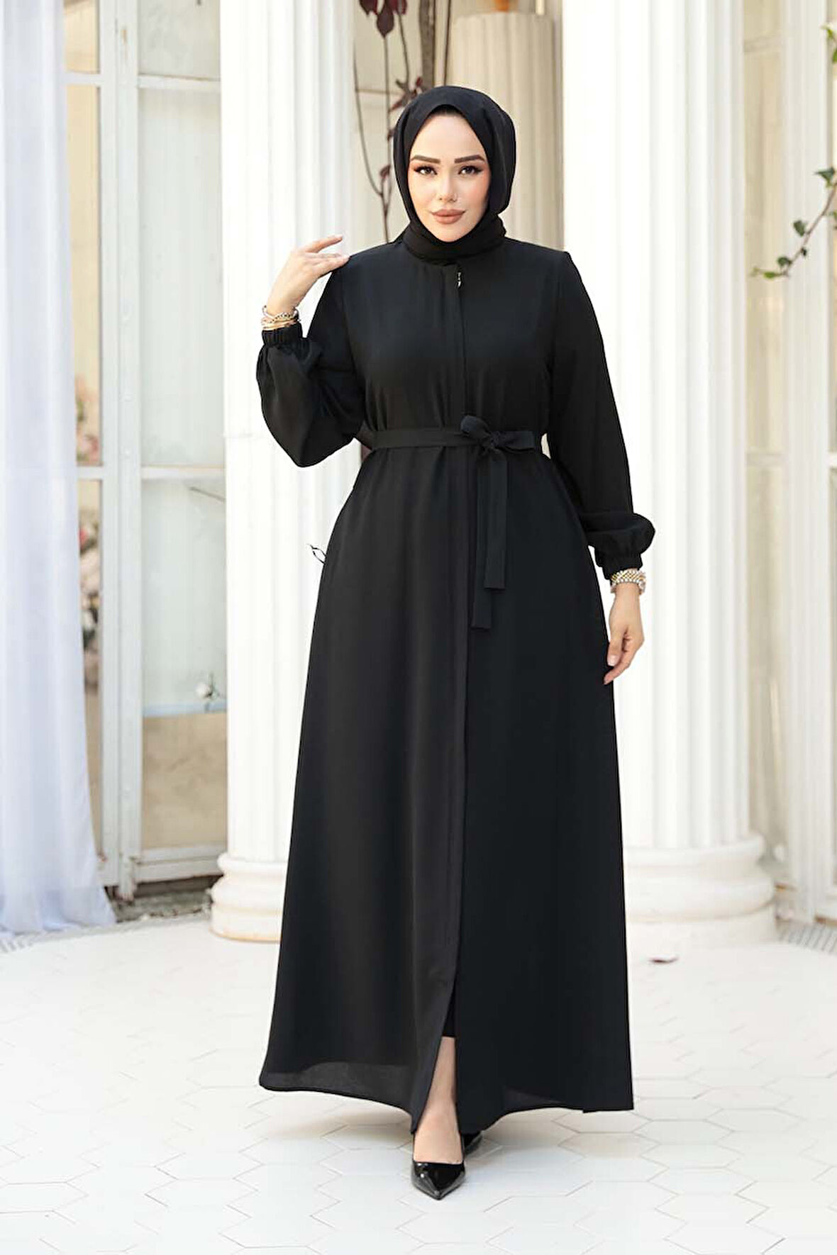 Kemerli Siyah Tesettür Ferace 26391S