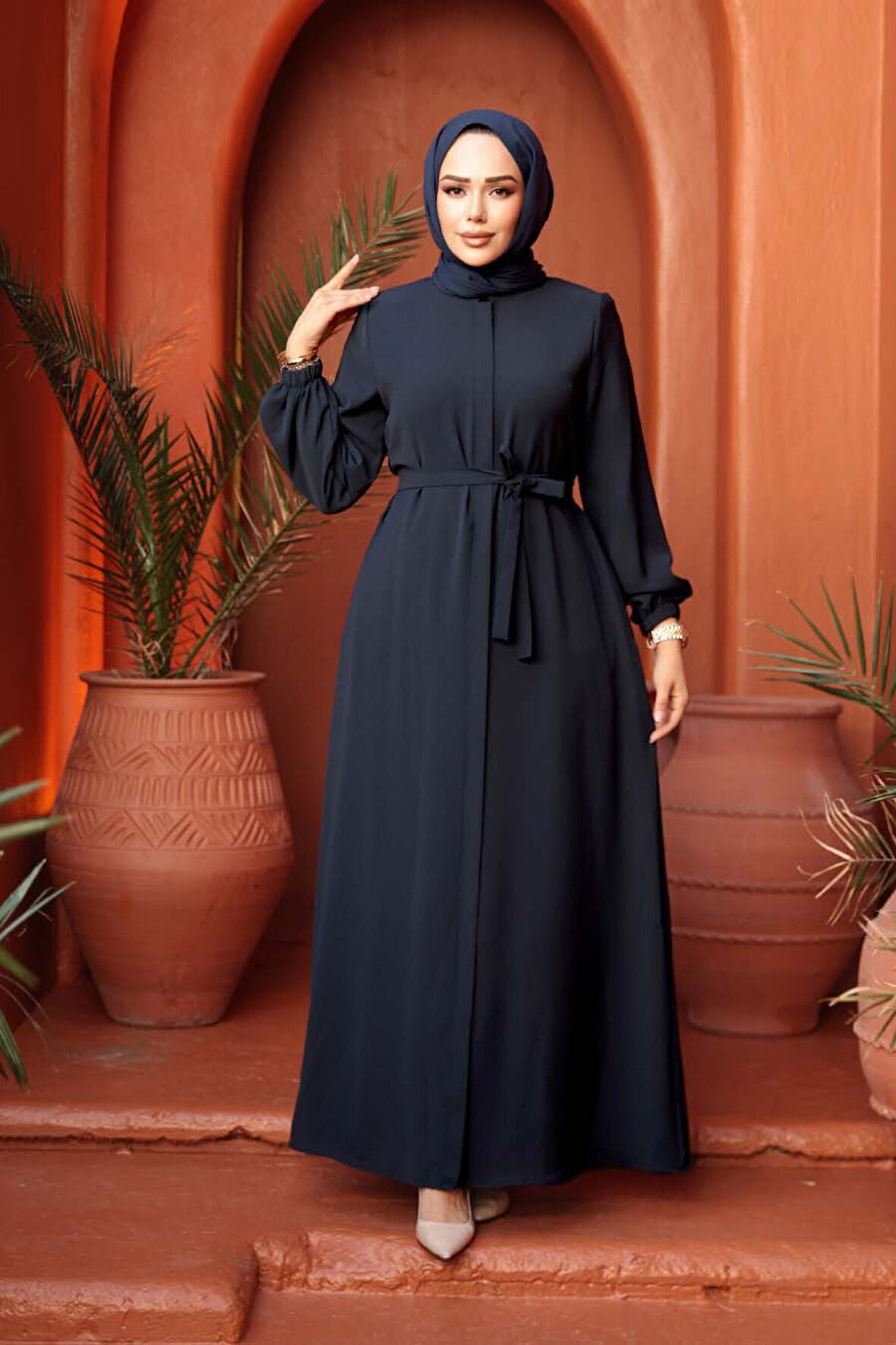 Kemerli Lacivert Tesettür Ferace 26391L