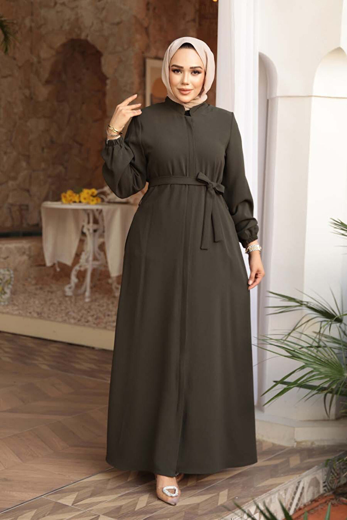 Kemerli Haki Tesettür Ferace 26391HK