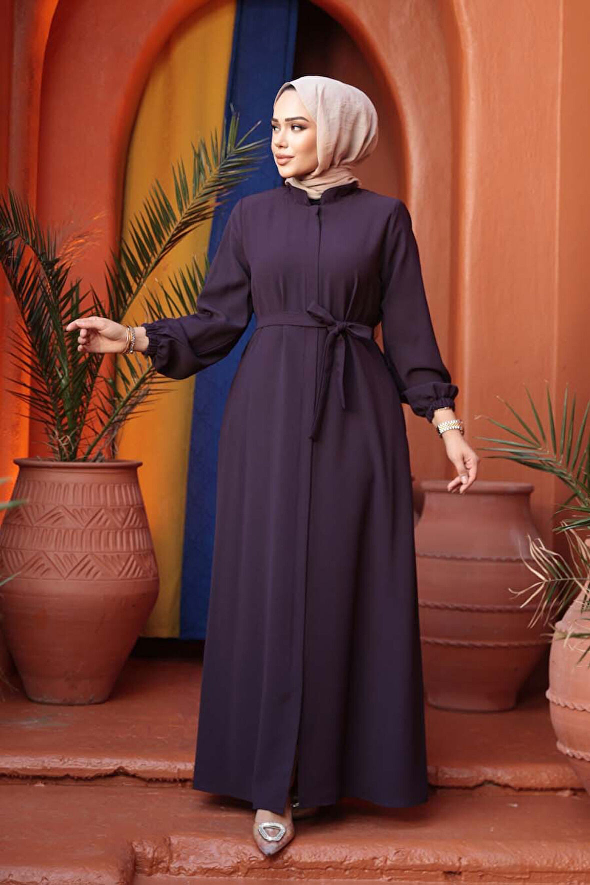 Kemerli Mürdüm Tesettür Ferace 26391MU