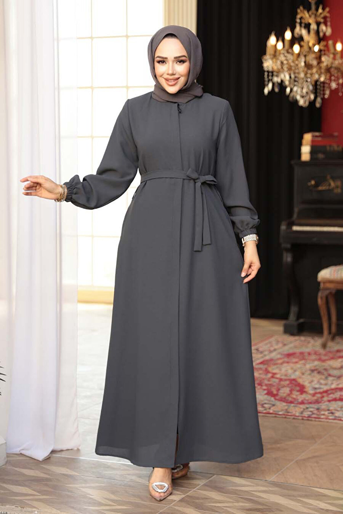 Kemerli Füme Tesettür Ferace 26391FU